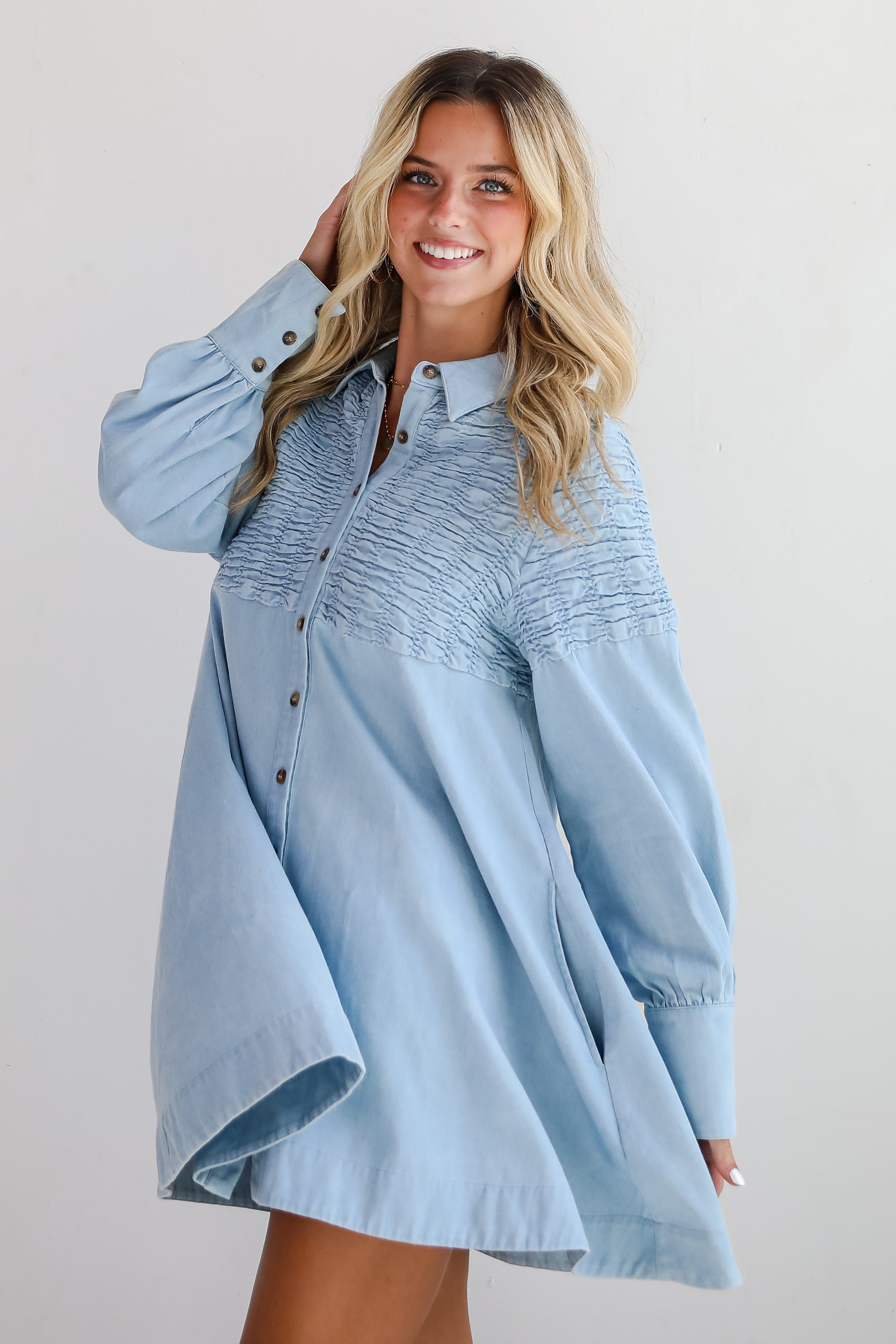 Trendy Aura Light Wash Denim Mini Dress