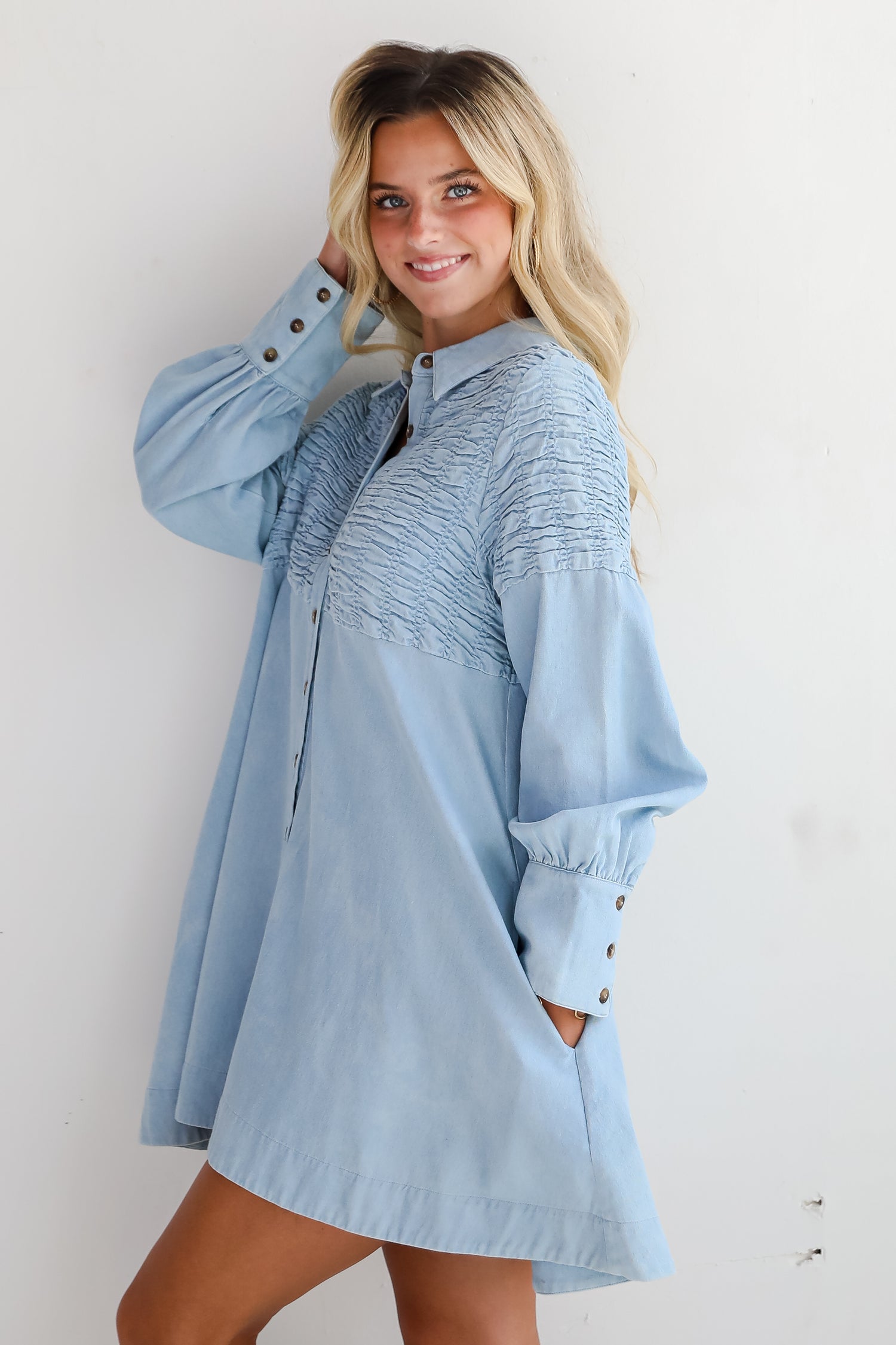 Trendy Aura Light Wash Denim Mini Dress