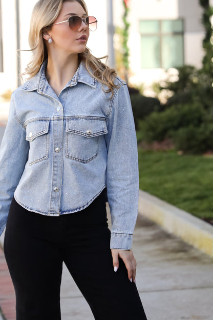 Beyond Glamorous Blue Rhinestone Cropped Denim Jacket