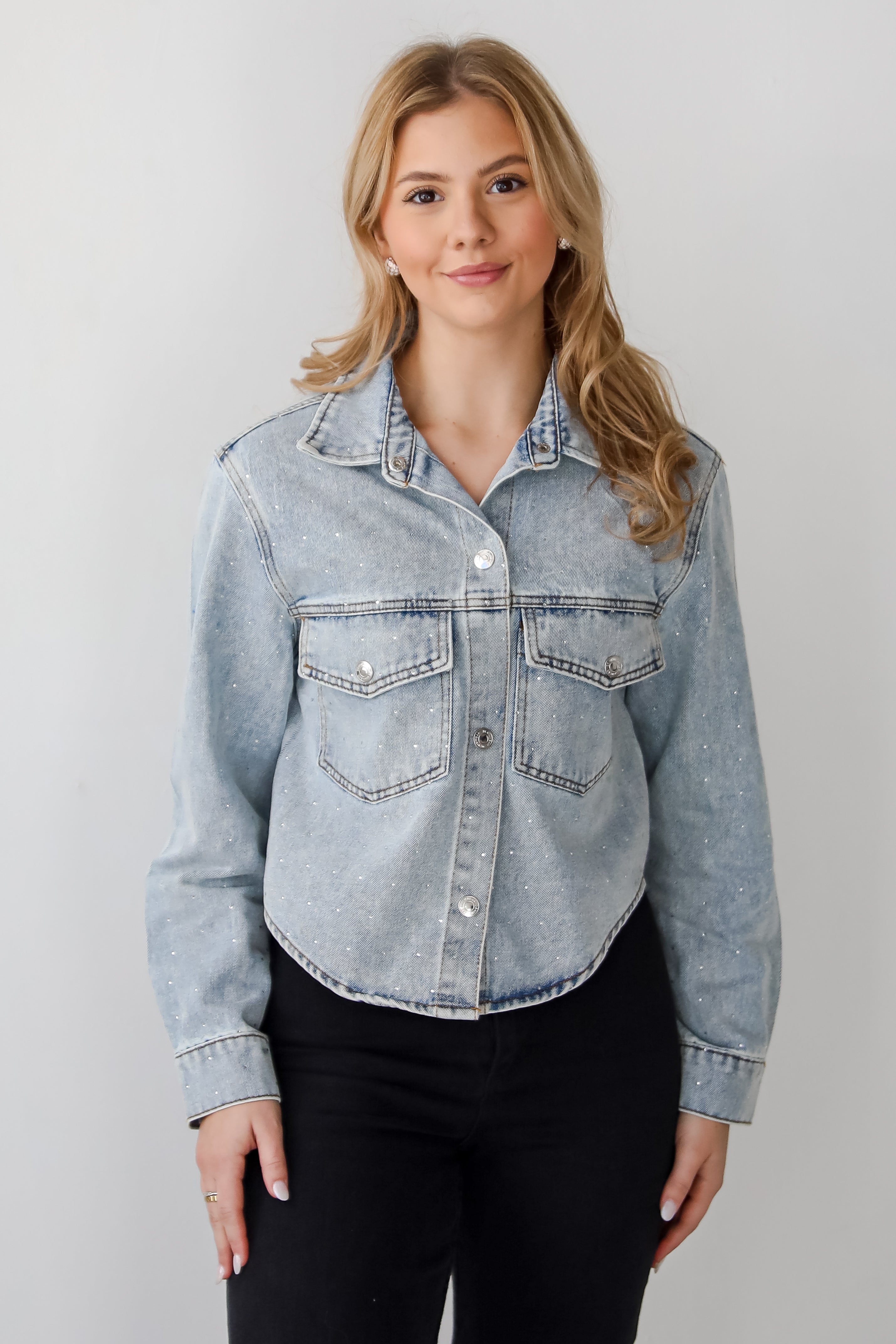 Beyond Glamorous Blue Rhinestone Cropped Denim Jacket