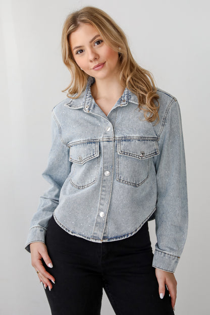 Beyond Glamorous Blue Rhinestone Cropped Denim Jacket