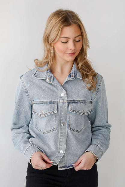 Beyond Glamorous Blue Rhinestone Cropped Denim Jacket