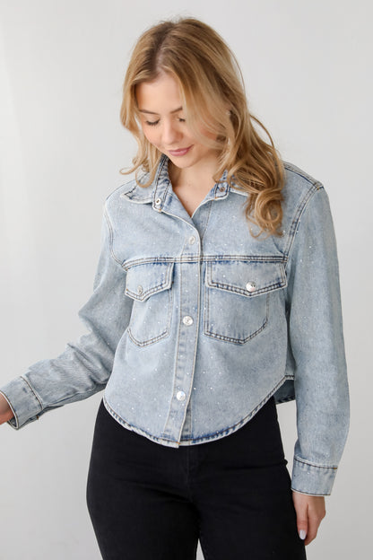 Beyond Glamorous Blue Rhinestone Cropped Denim Jacket