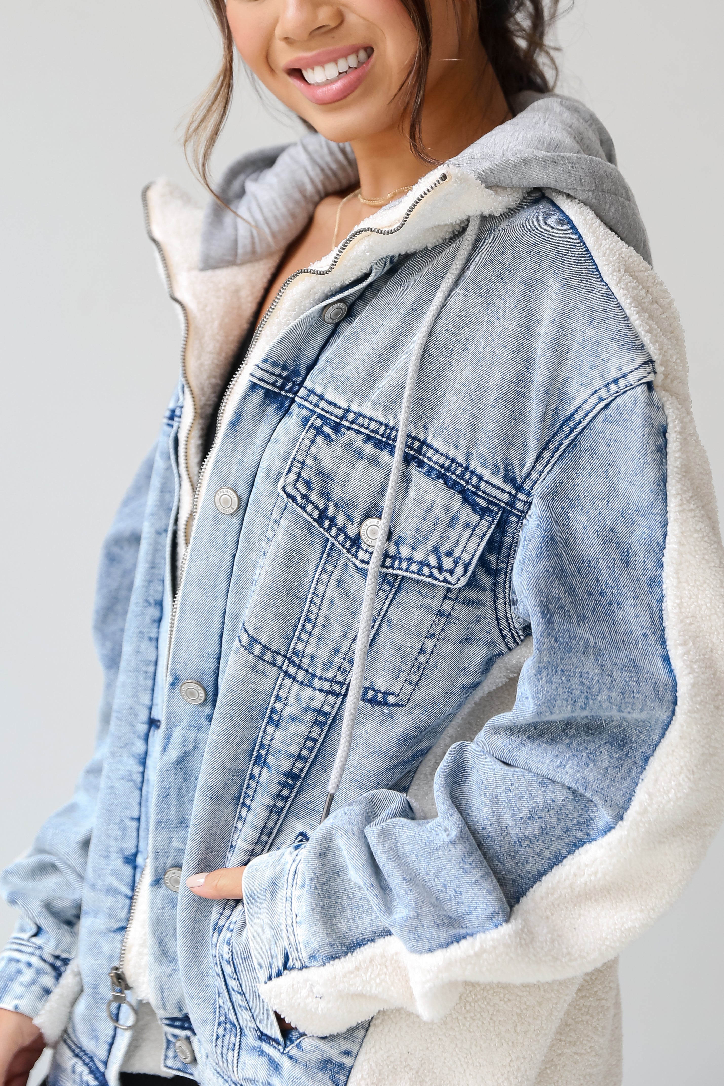 Hooded Denim Teddy Jacket close up