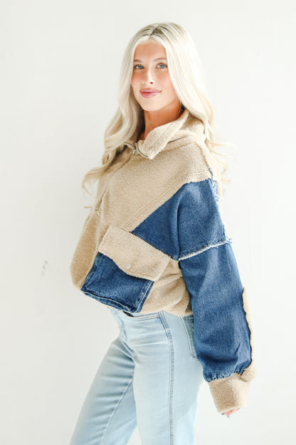 Nearest And Dearest Taupe Sherpa Denim Quarter Zip Pullover