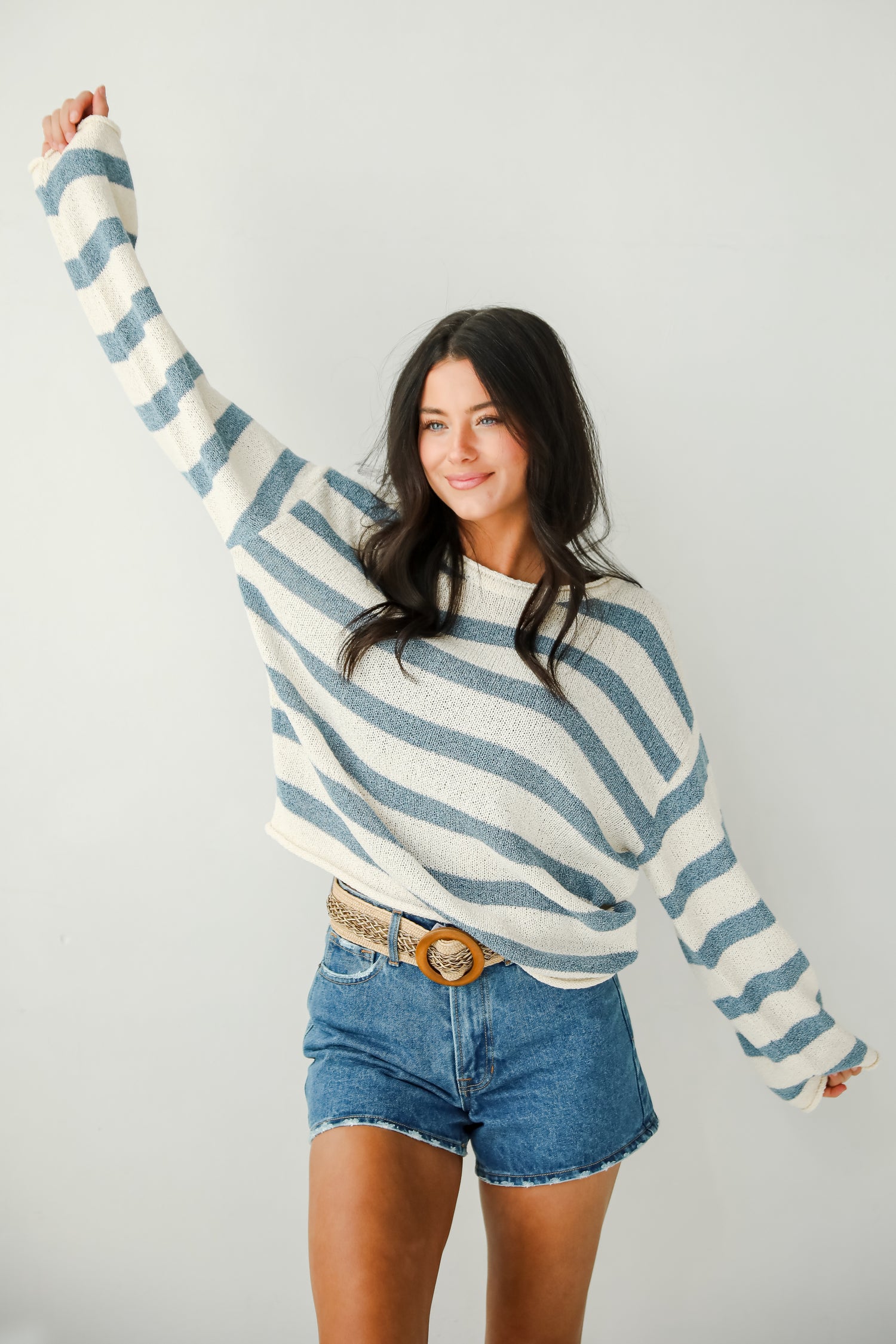 Coziest Chic Denim Striped Lightweight Knit Sweater