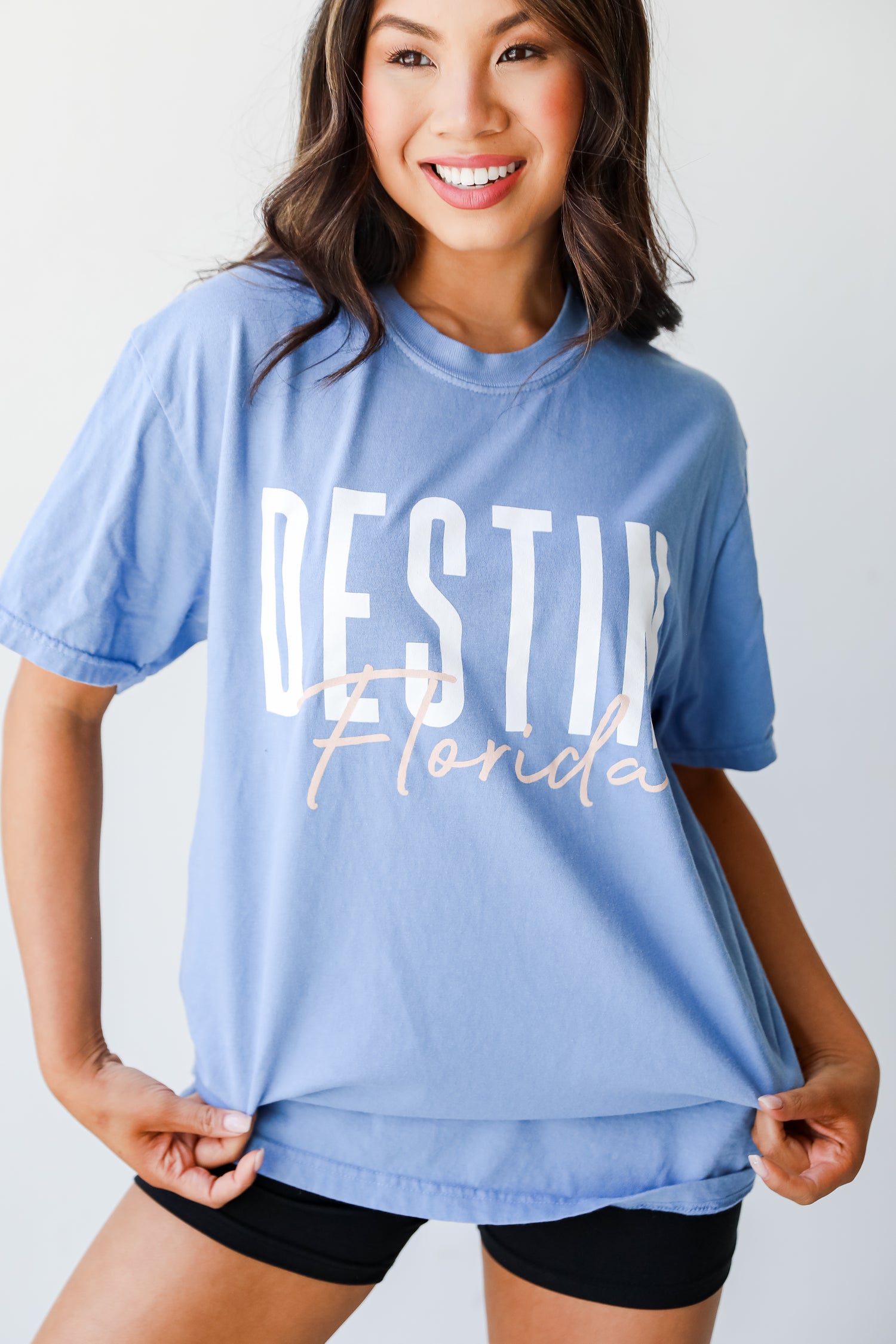 Light Blue Destin Florida Script Tee front view