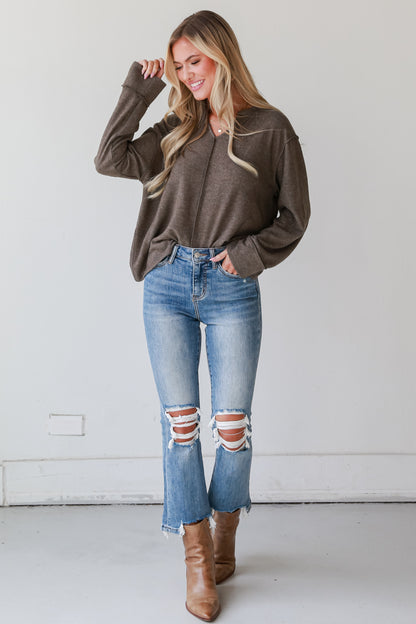 trendy Light Wash Distressed Kick Flare Jeans Plus