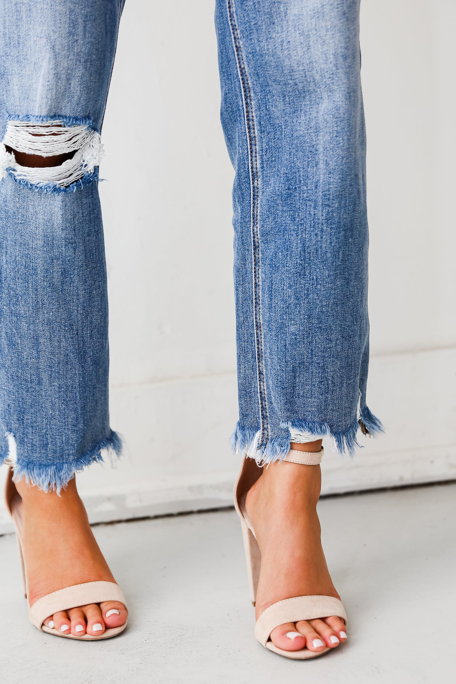 Medium Wash Distressed Dad Jeans close up