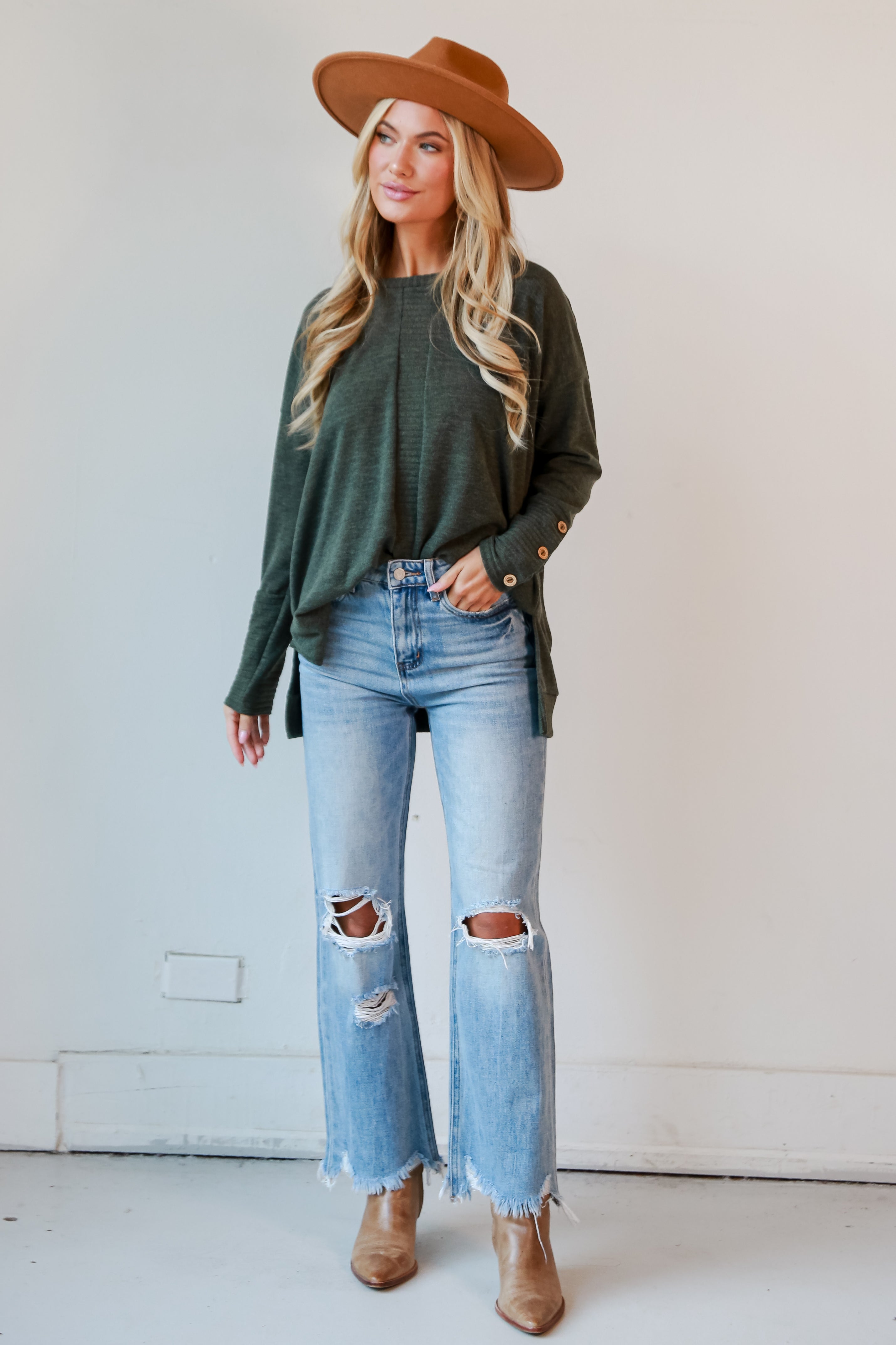 Medium Wash 90s Vintage Distressed Flare Jeans on model