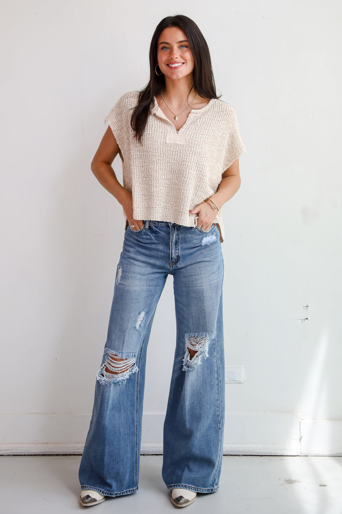 Lennon Medium Wash Distressed Wide Leg Jeans