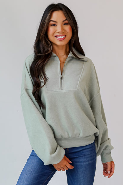 sage Fleece Quarter Zip Pullover front view