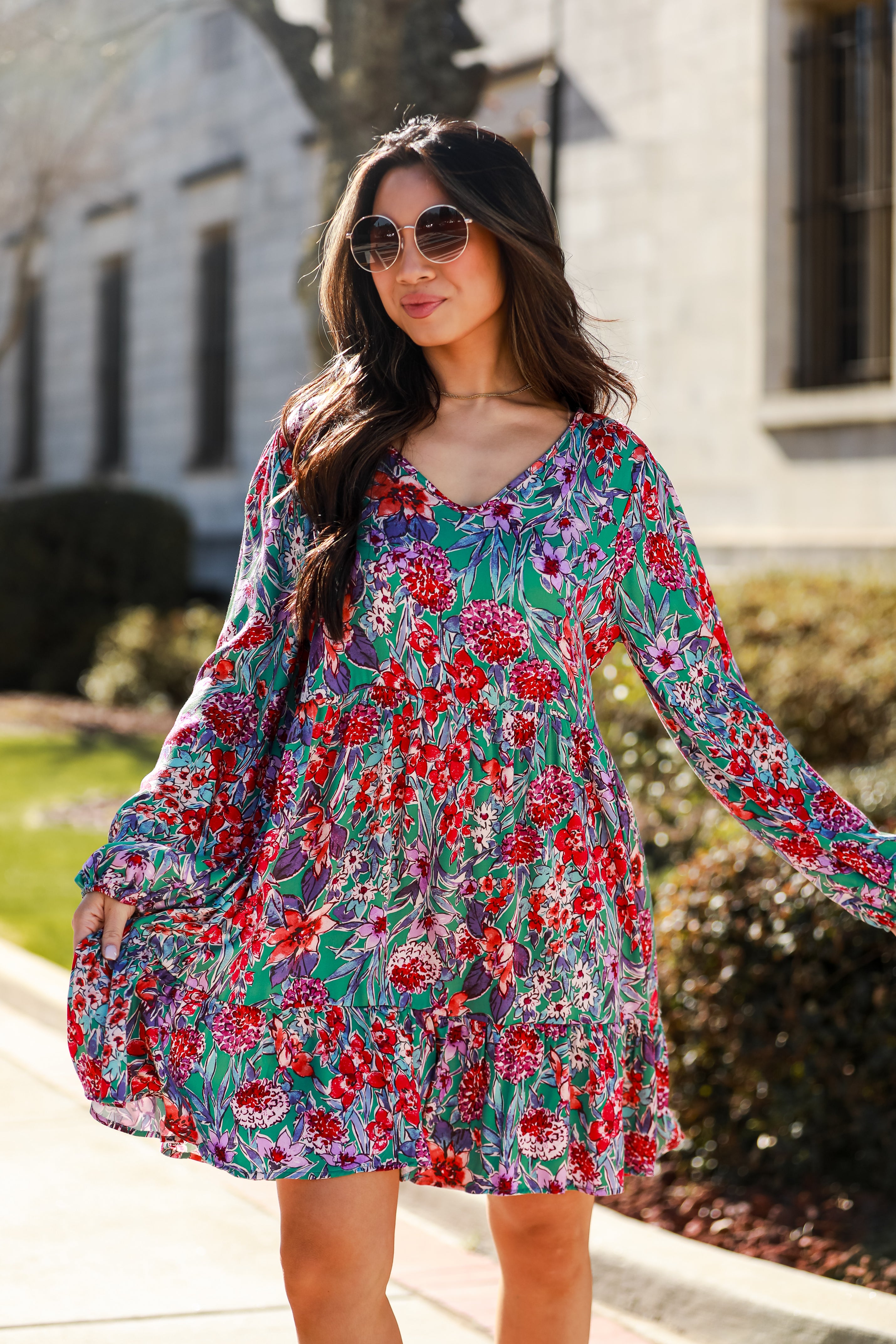 floral dresses. Long Sleeve Dress Adored Entrance Green Floral Babydoll Mini Dress. women&