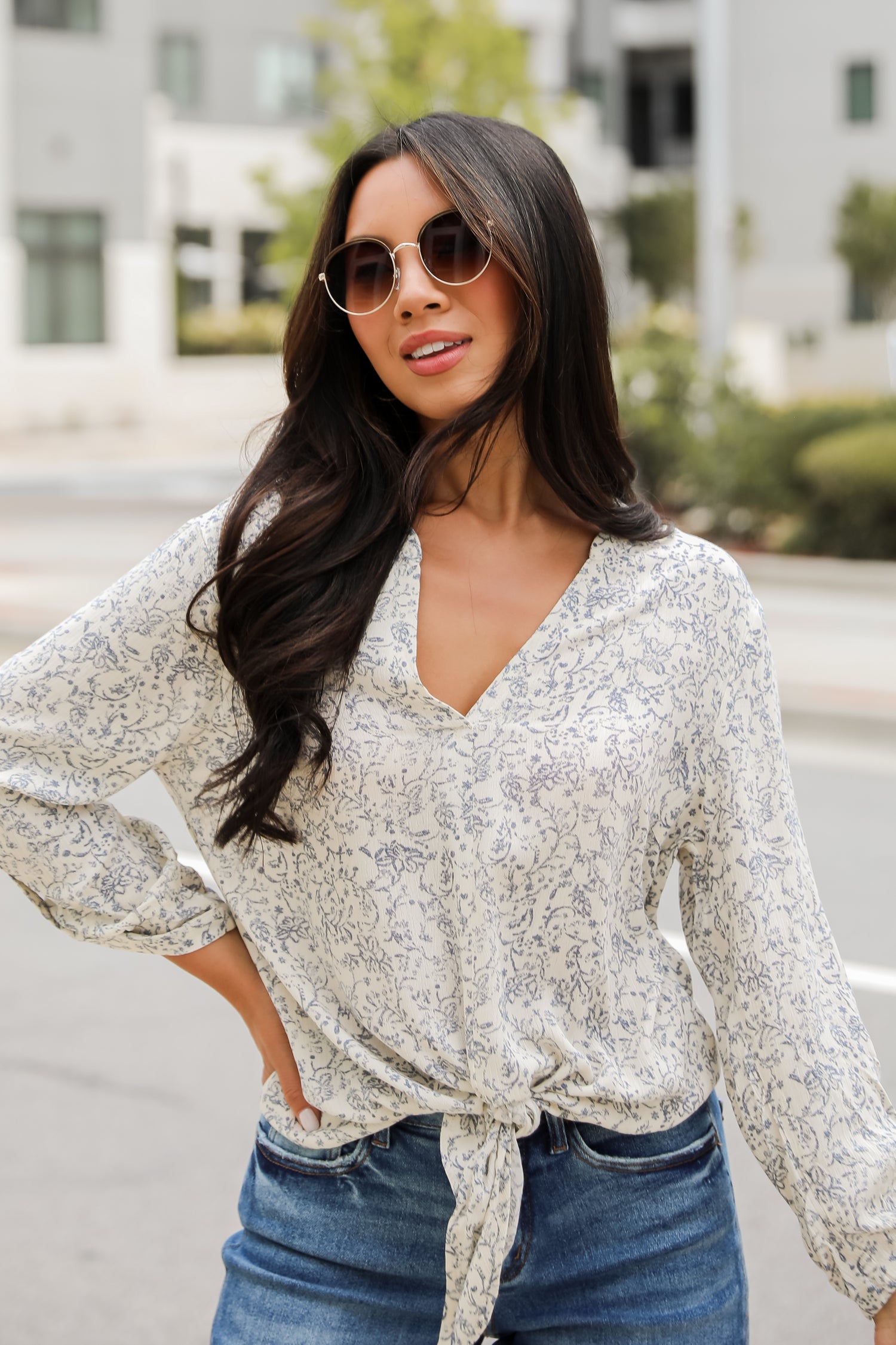 Decadently Sweet Cream Floral Tie-Front Blouse