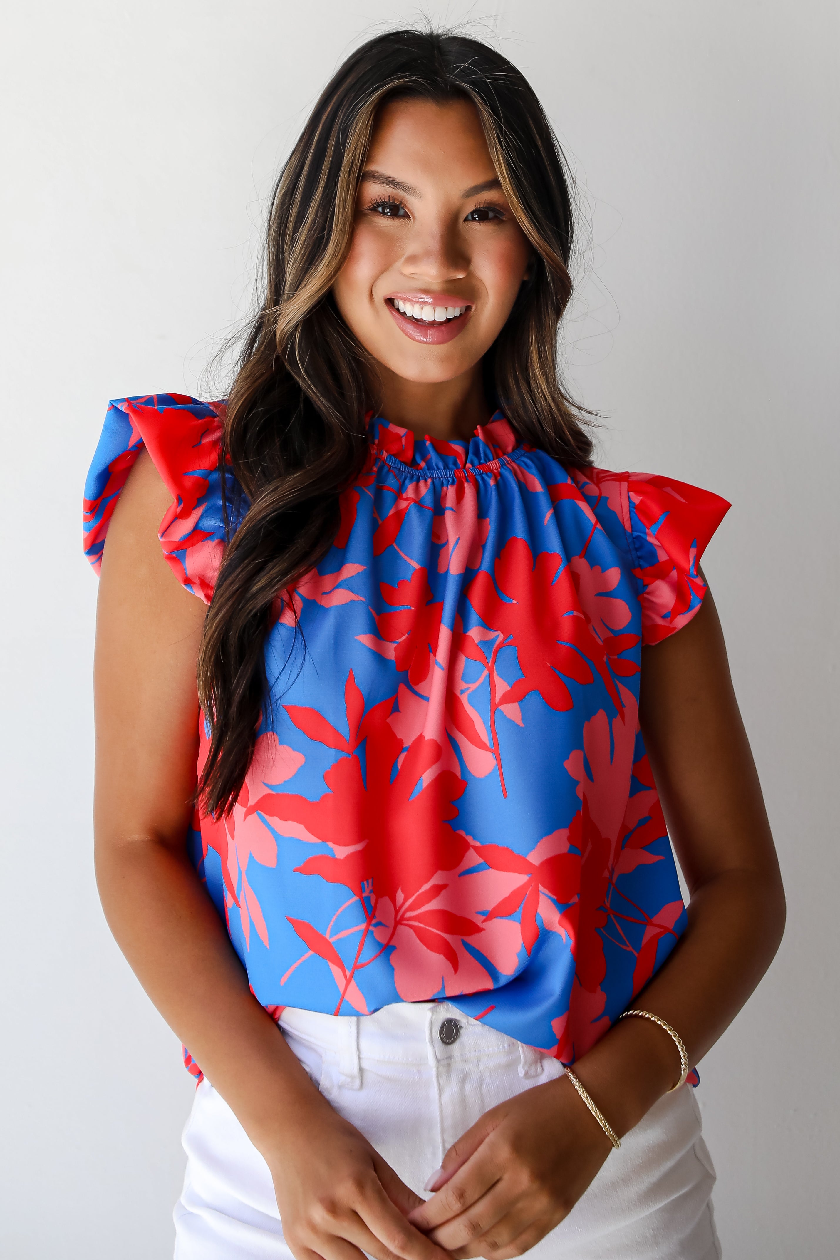 Always Elevated Blue Floral Ruffle Blouse