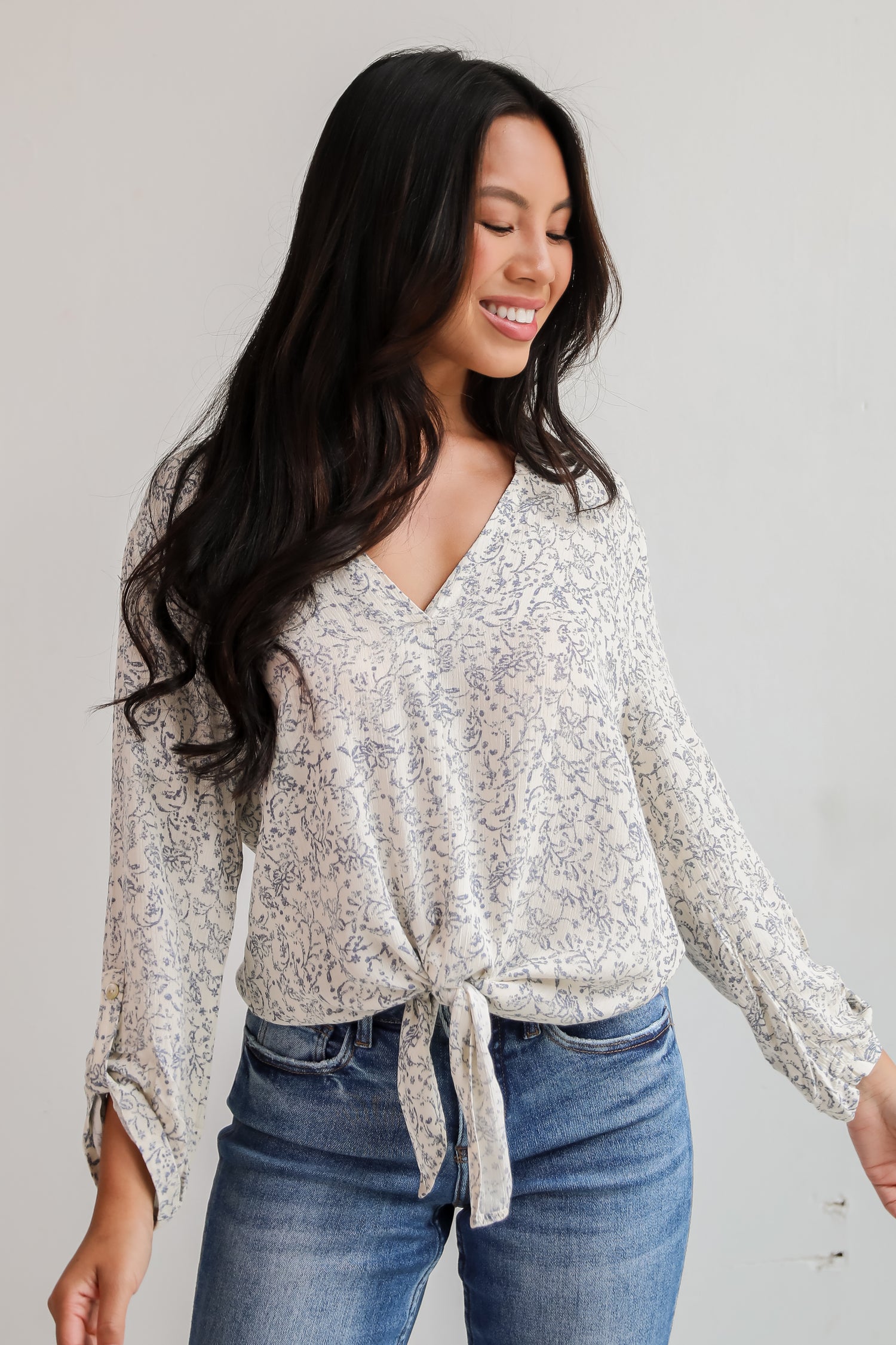 Decadently Sweet Cream Floral Tie-Front Blouse