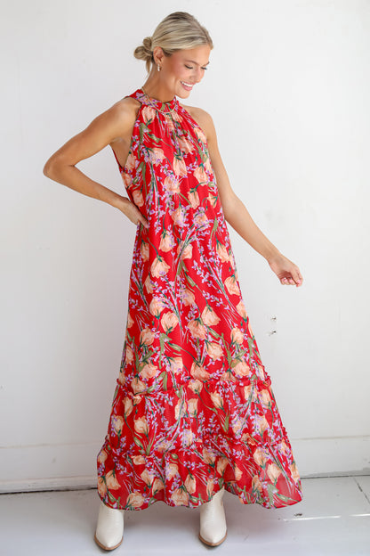 Happily Yours Red Floral Maxi Dress