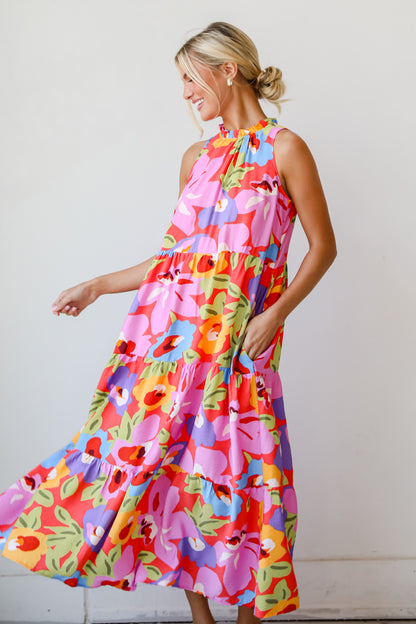 Truly Inspiring Pink Floral Tiered Maxi Dress