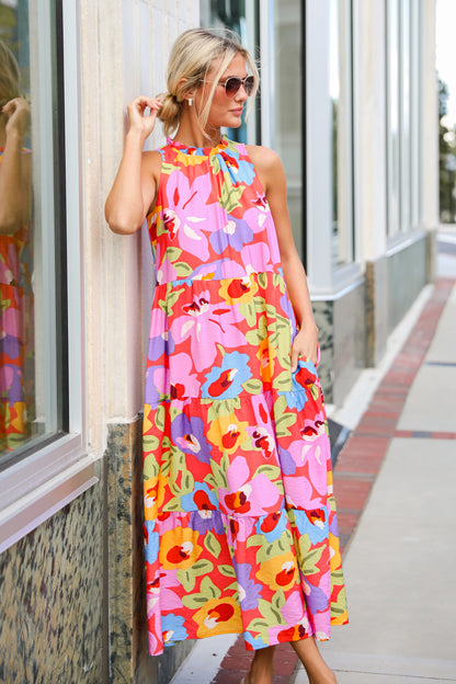 Truly Inspiring Pink Floral Tiered Maxi Dress