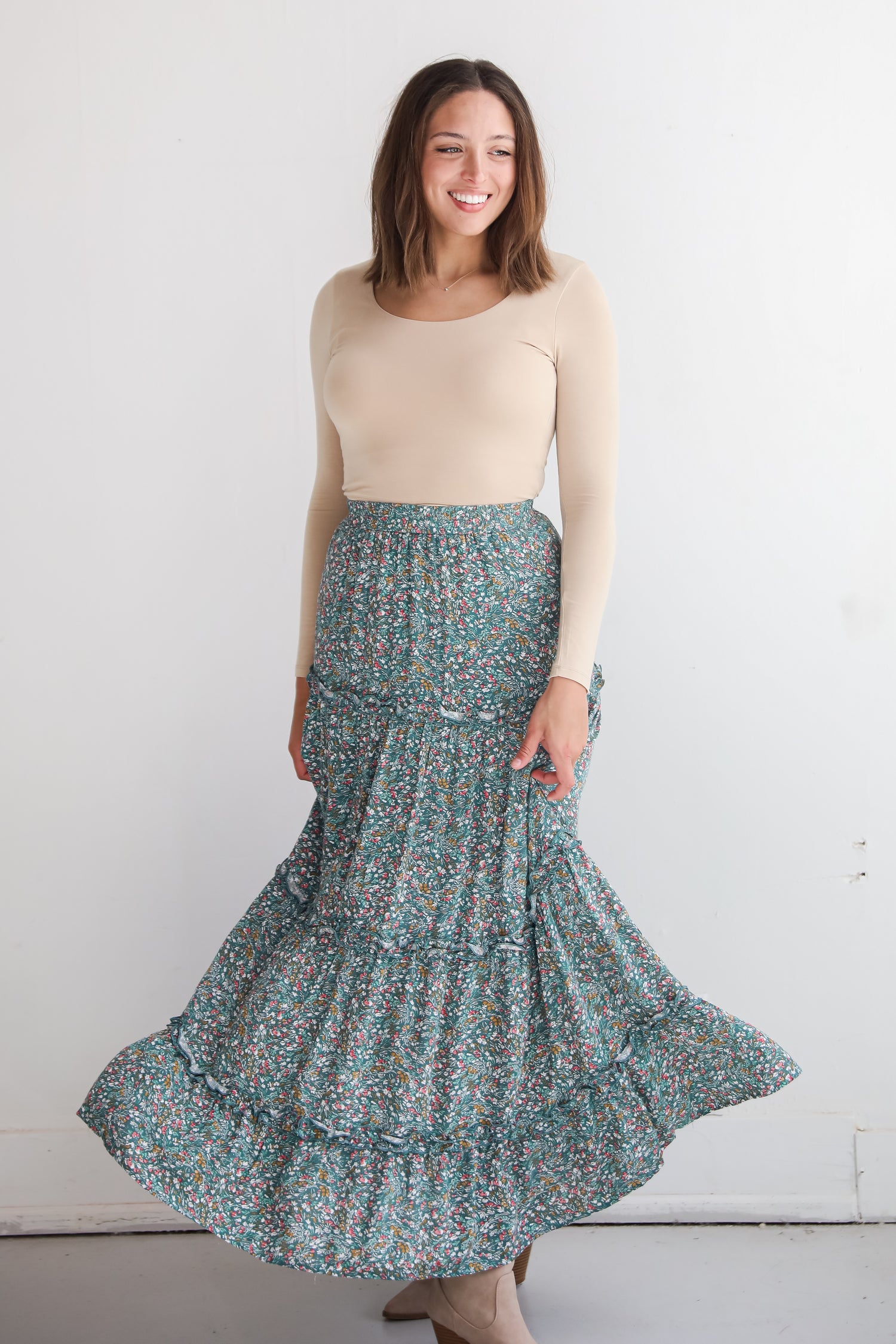 Feeling So Sweet Teal Floral Tiered Maxi Skirt