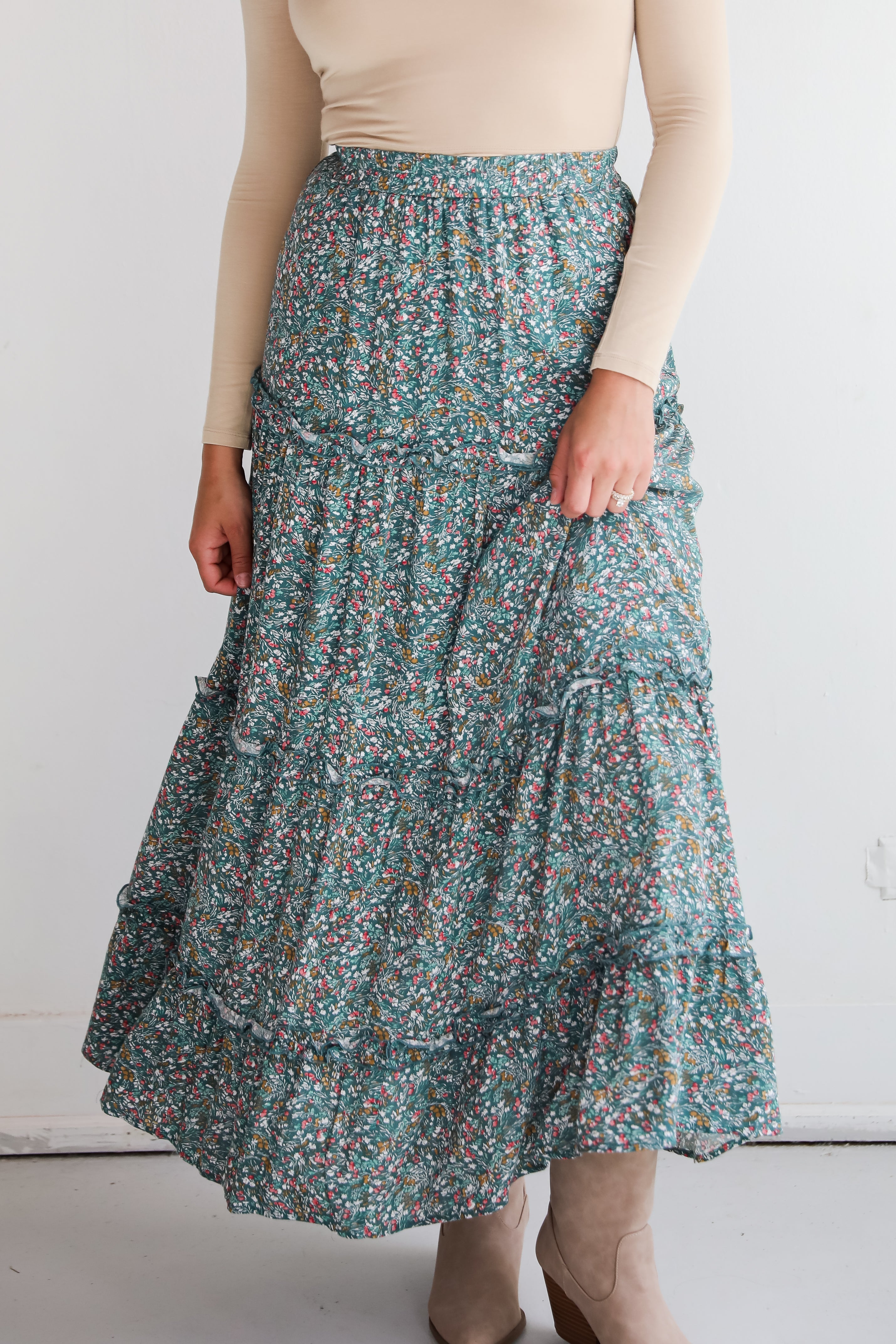 Feeling So Sweet Teal Floral Tiered Maxi Skirt