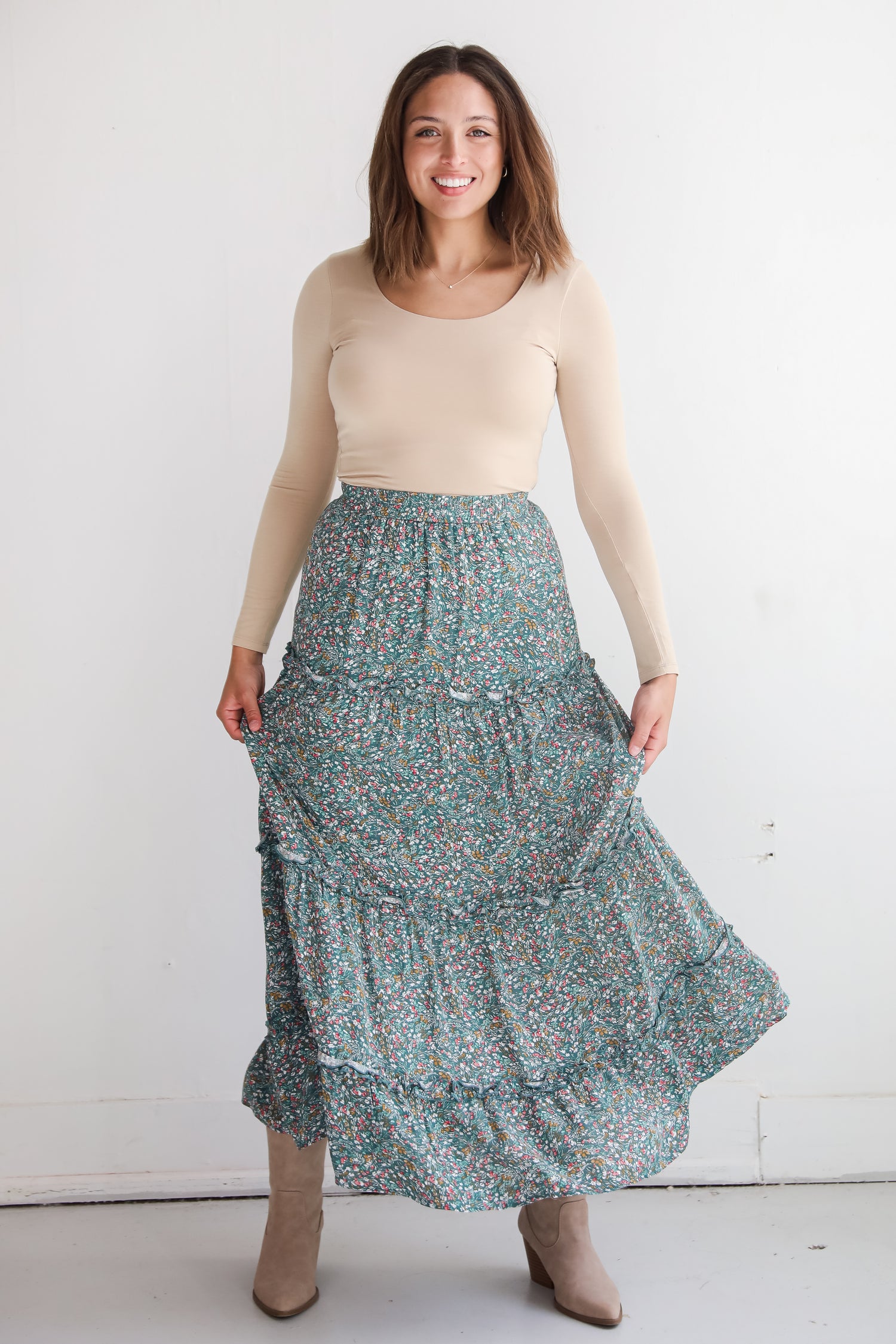 Feeling So Sweet Teal Floral Tiered Maxi Skirt