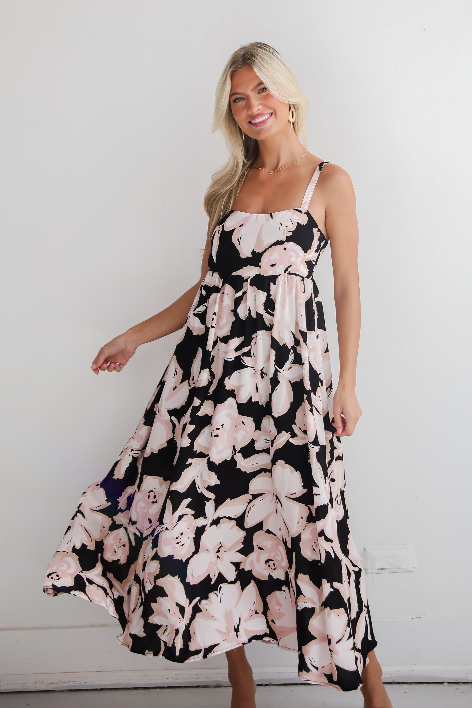 Convincingly Sweet Black Floral Midi Dress