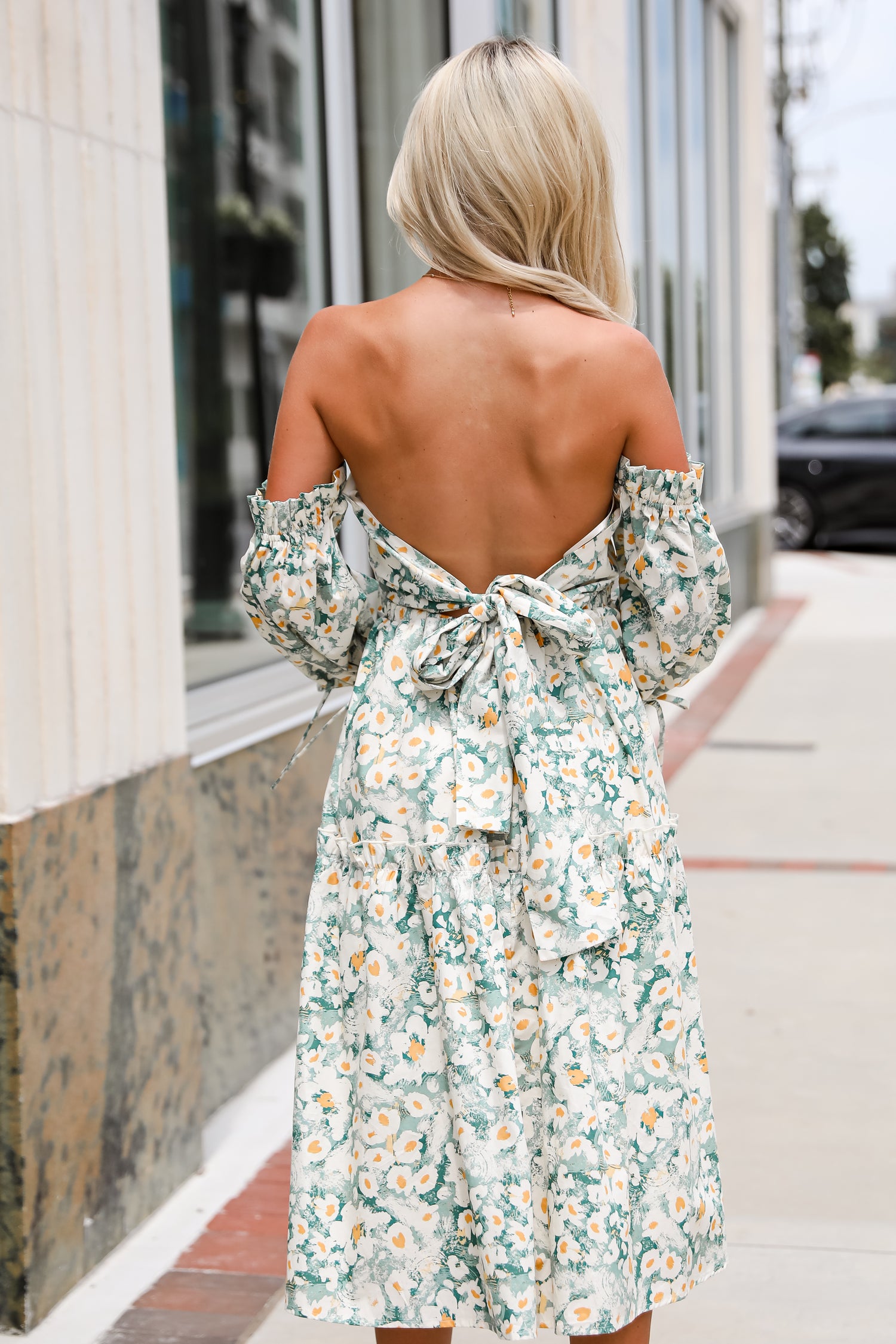 Delightful Aspect Sage Floral Off-The-Shoulder Midi Dress