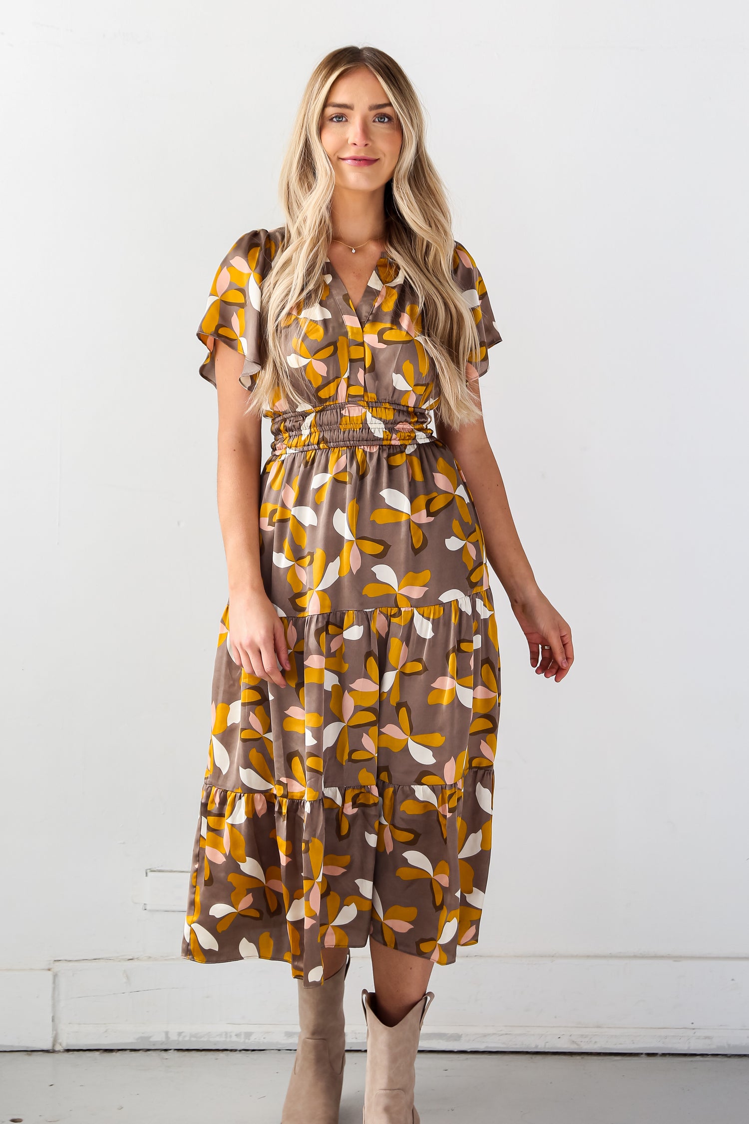 brown floral midi dress