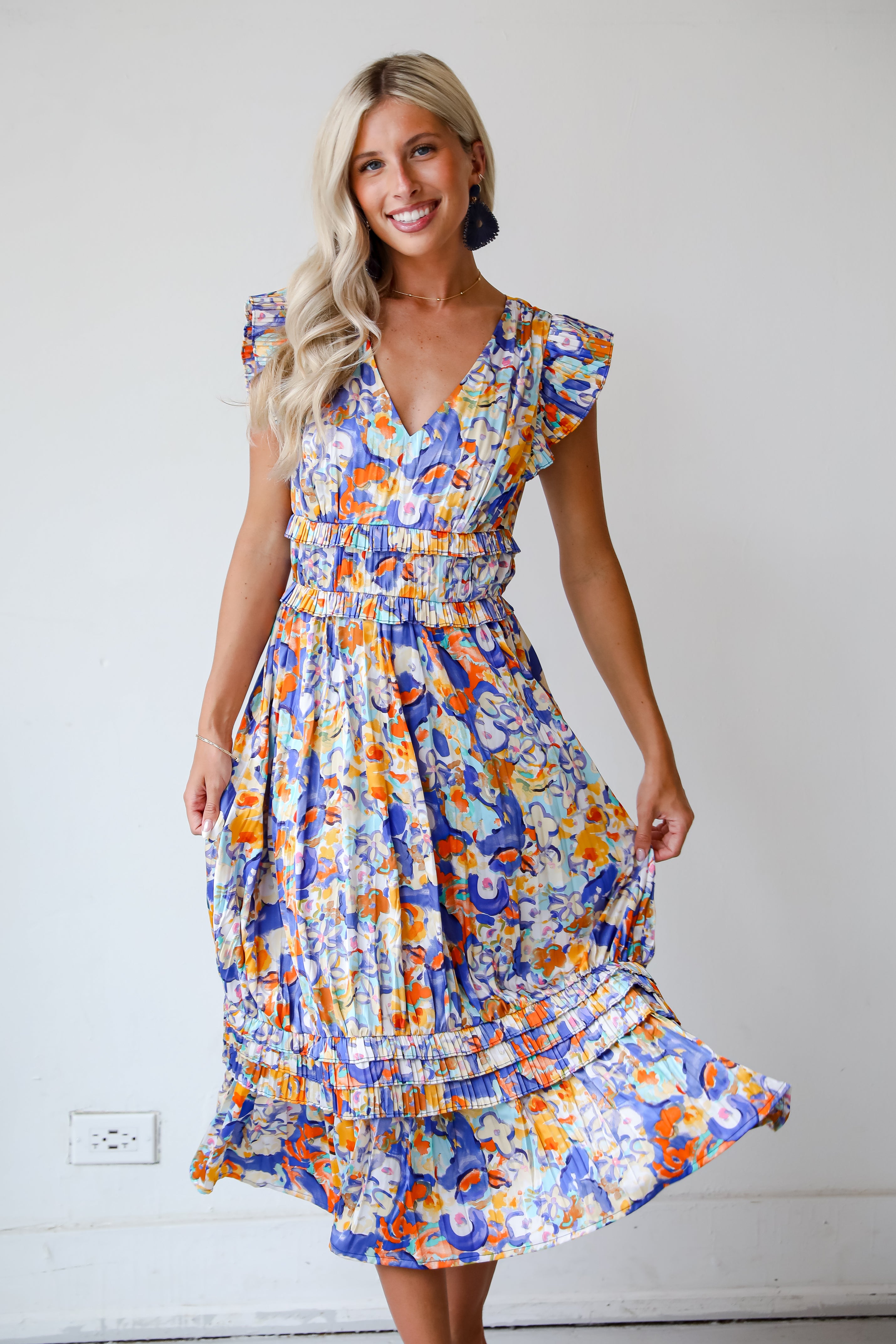 Ethereal Muse Royal Blue Satin Floral Midi Dress