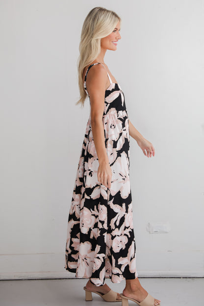 Convincingly Sweet Black Floral Midi Dress