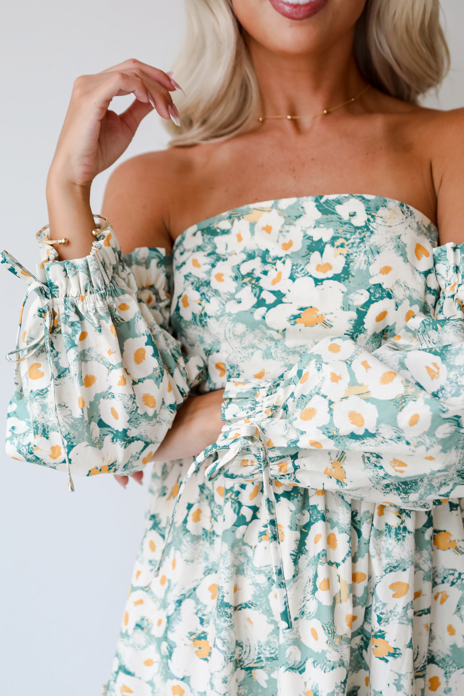 Delightful Aspect Sage Floral Off-The-Shoulder Midi Dress