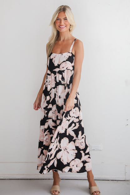 Convincingly Sweet Black Floral Midi Dress