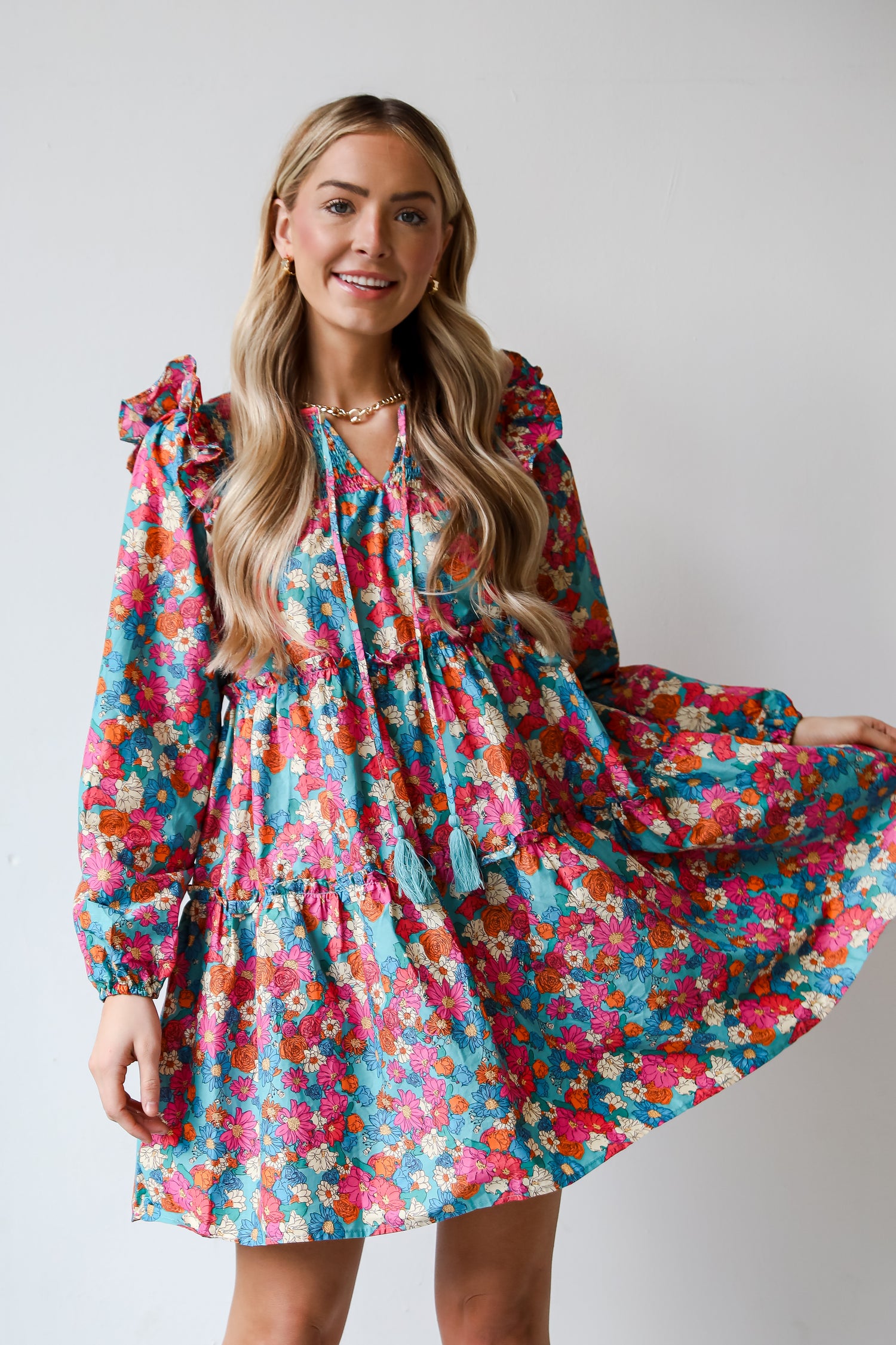 cute Teal Tiered Floral Mini Dress