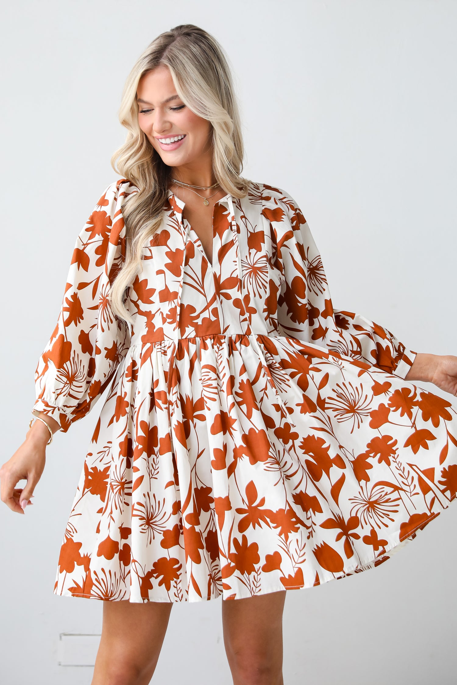 cute rust Floral Babydoll Mini Dress