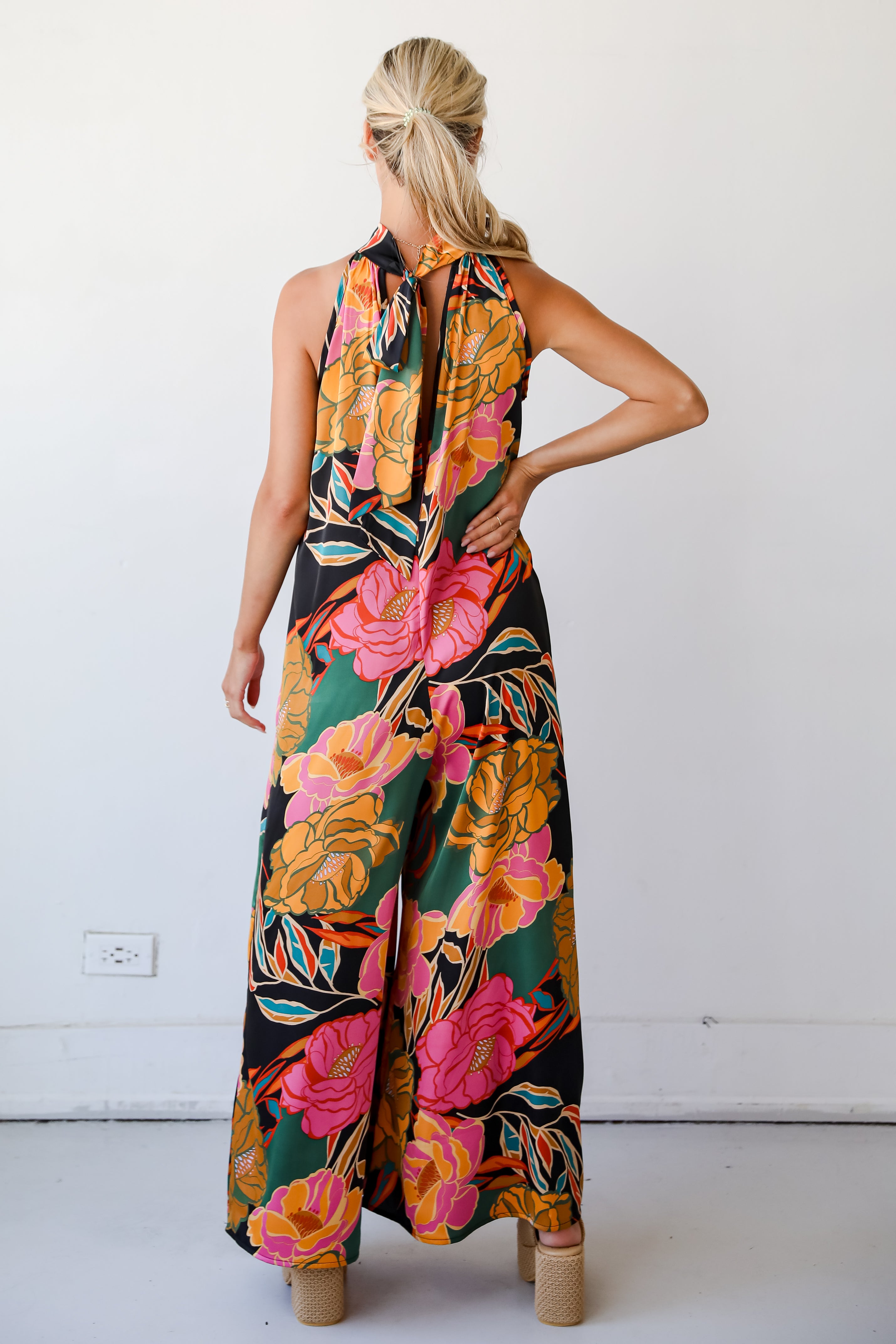 State Of Chic Black Satin Floral Jumpsuit