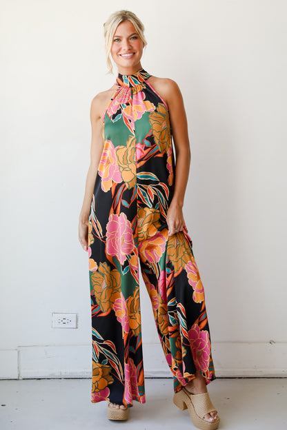 State Of Chic Black Satin Floral Jumpsuit