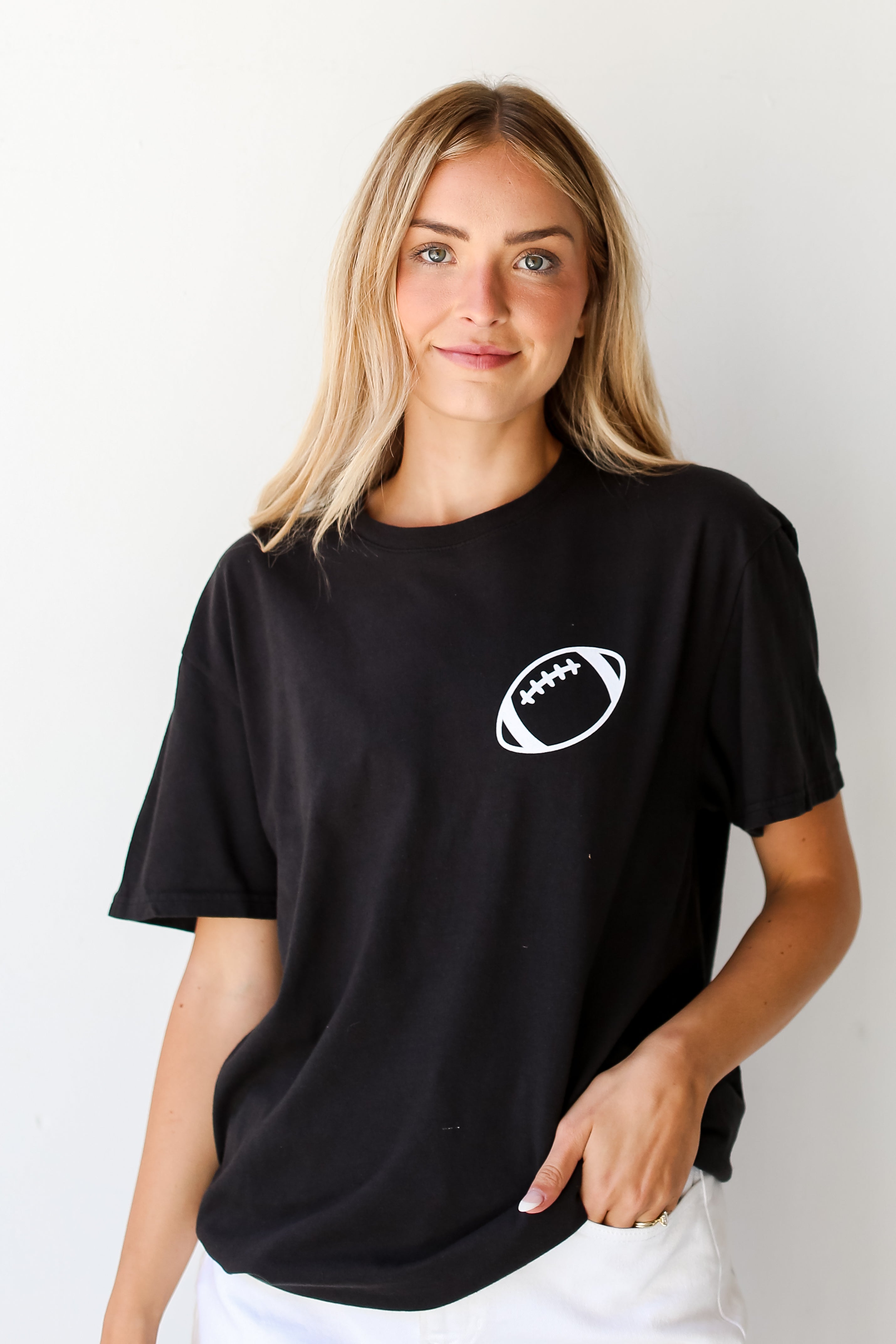 black In My Football Mom Era Tee on model