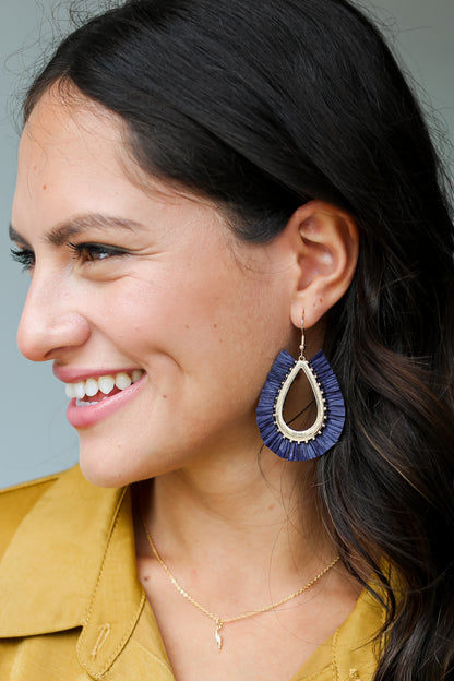 navy blue Fringe Teardrop Earrings on model