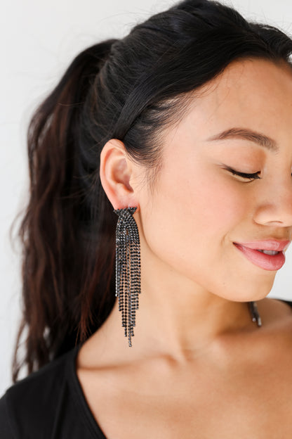 Black Rhinestone Fringe Earrings close up