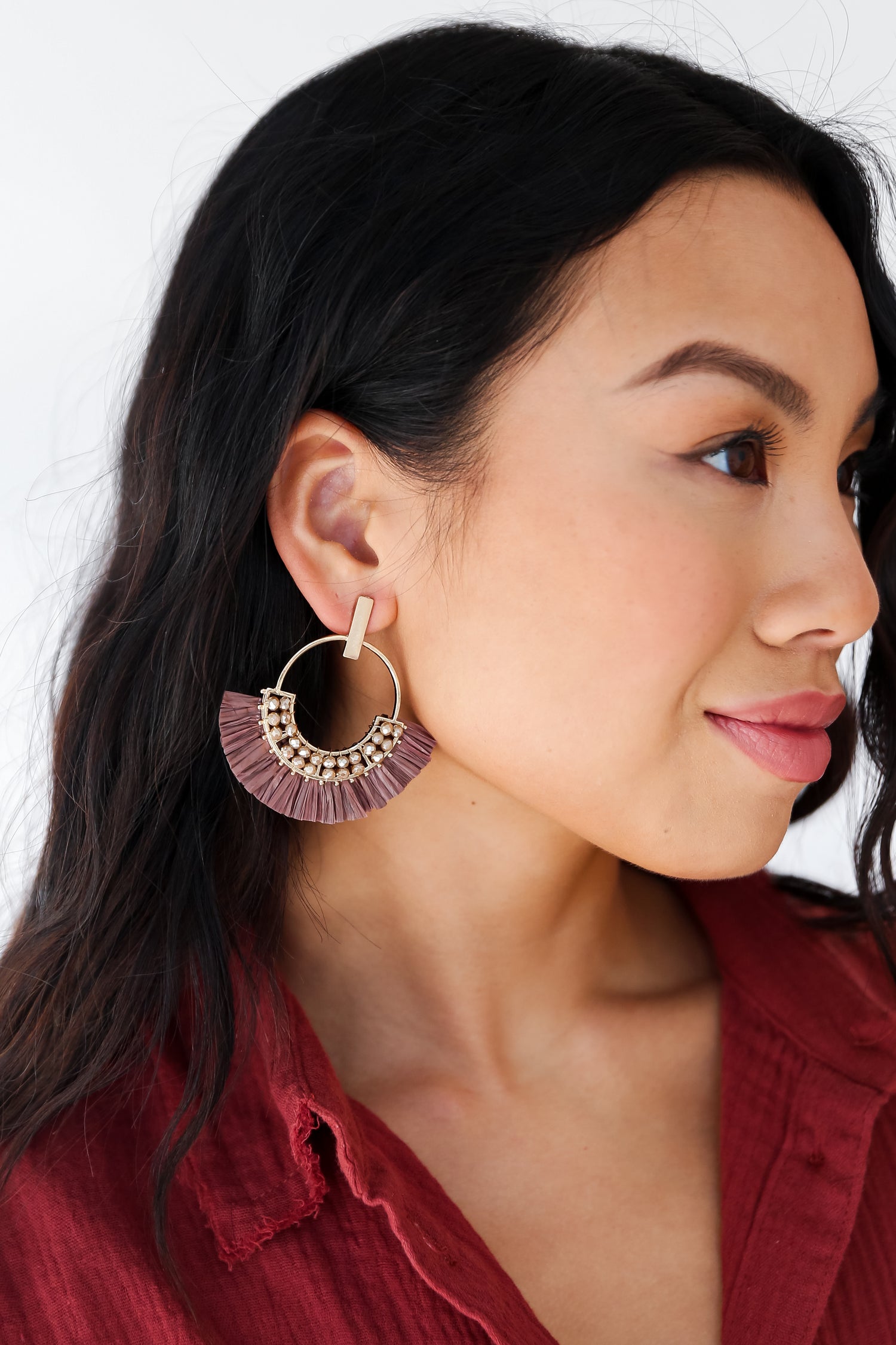 brown Fringe Statement Earrings on model