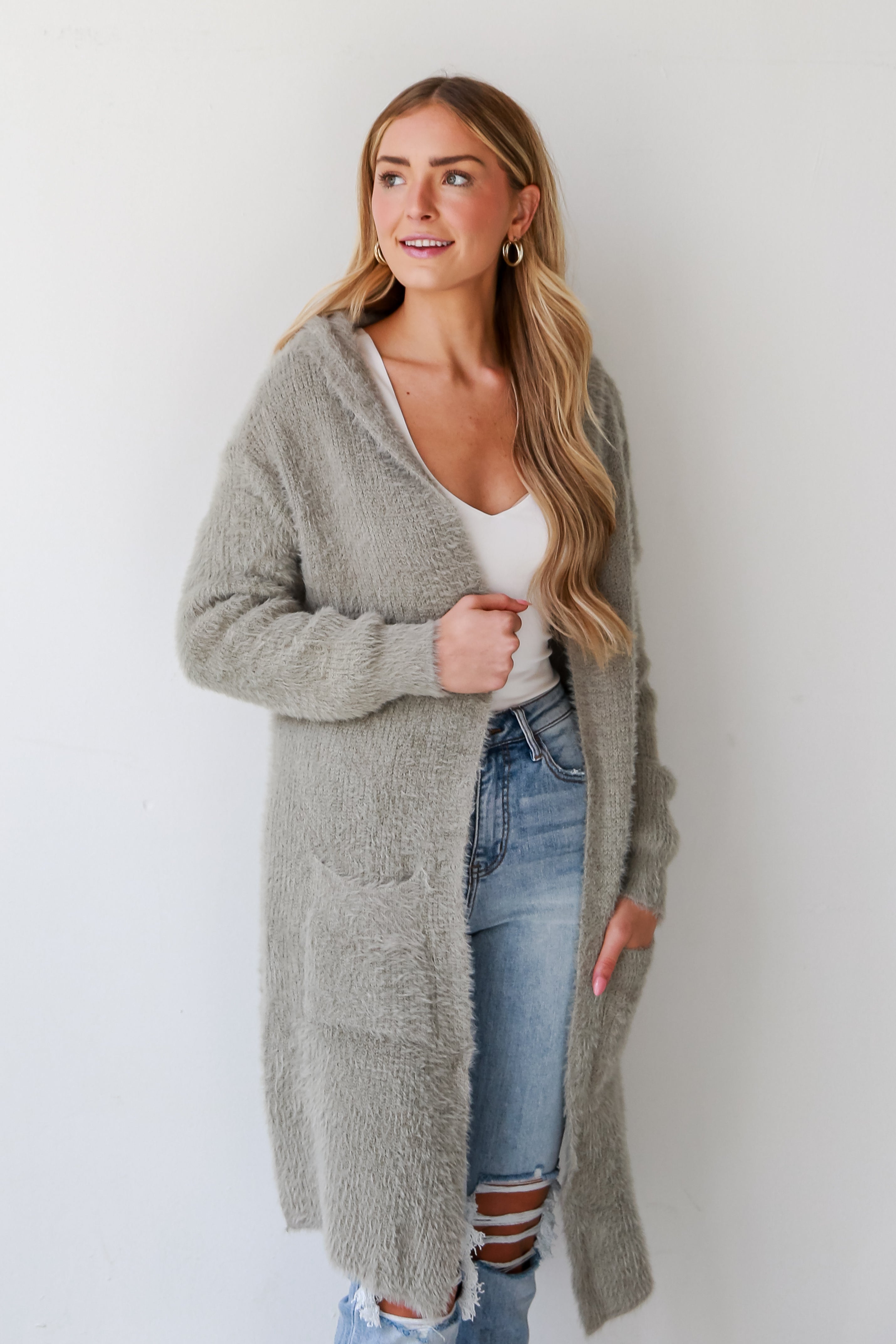 sage Eyelash Knit Hooded Cardigan for women