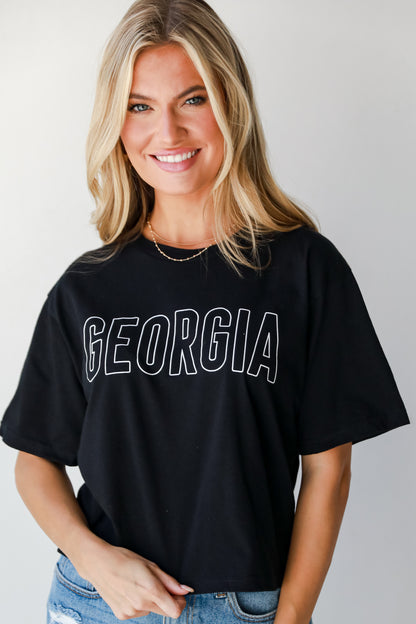 Black Georgia Block Letter Cropped Tee on dress up model