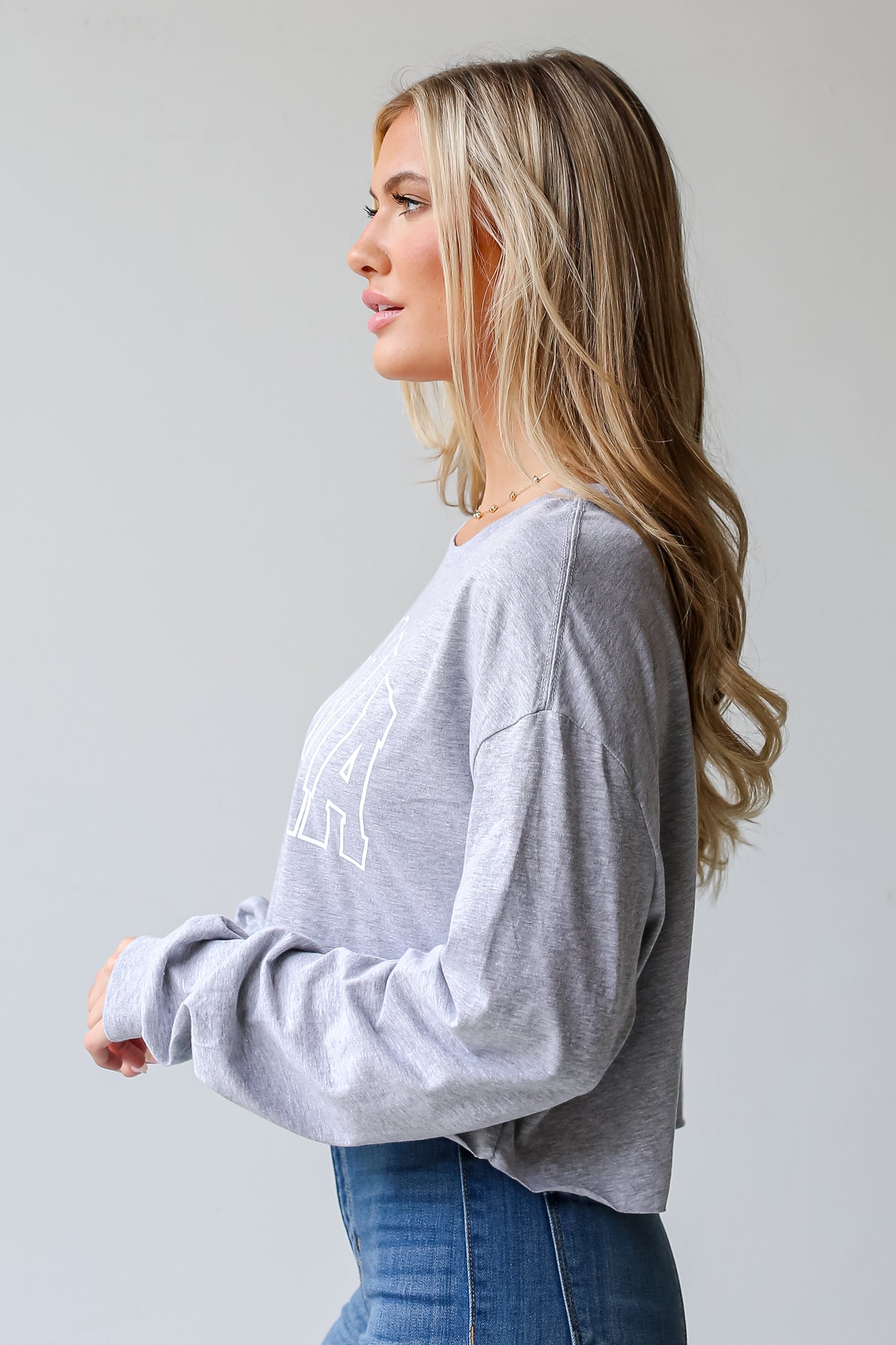 Heather Grey Georgia Cropped Long Sleeve Tee side view