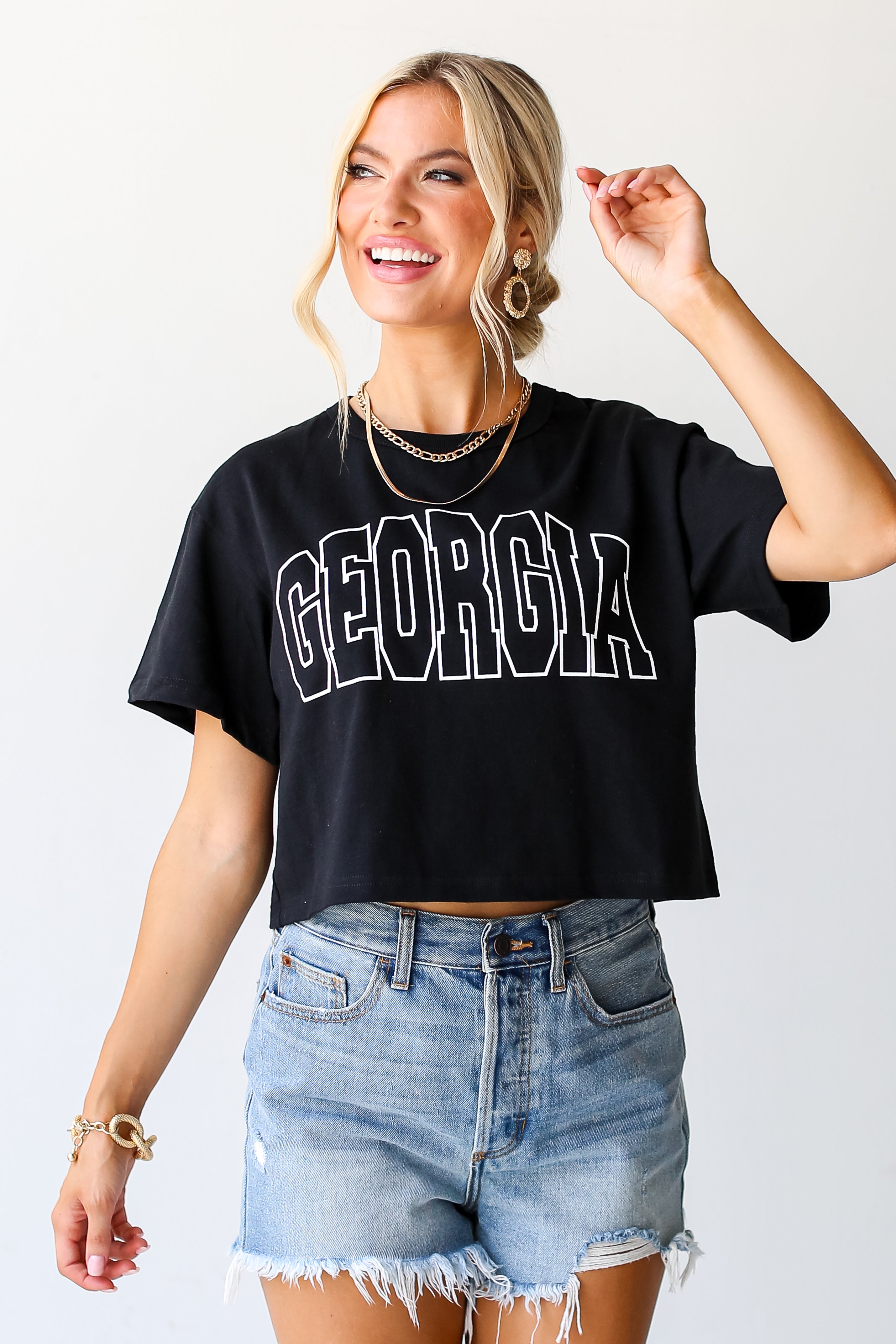 Black Georgia Cropped Tee on dress up model