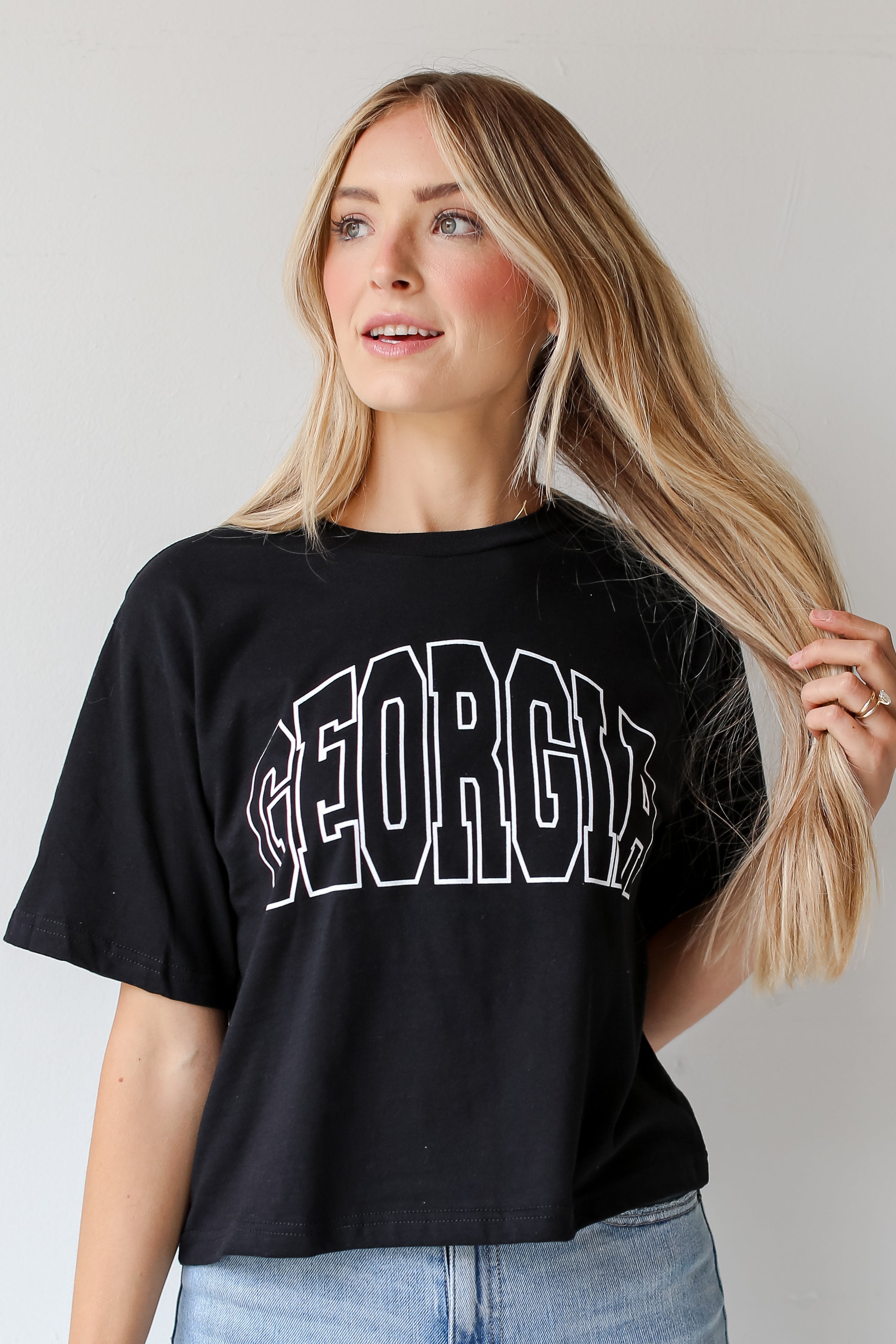 Black Georgia Block Letter Cropped Tee close up