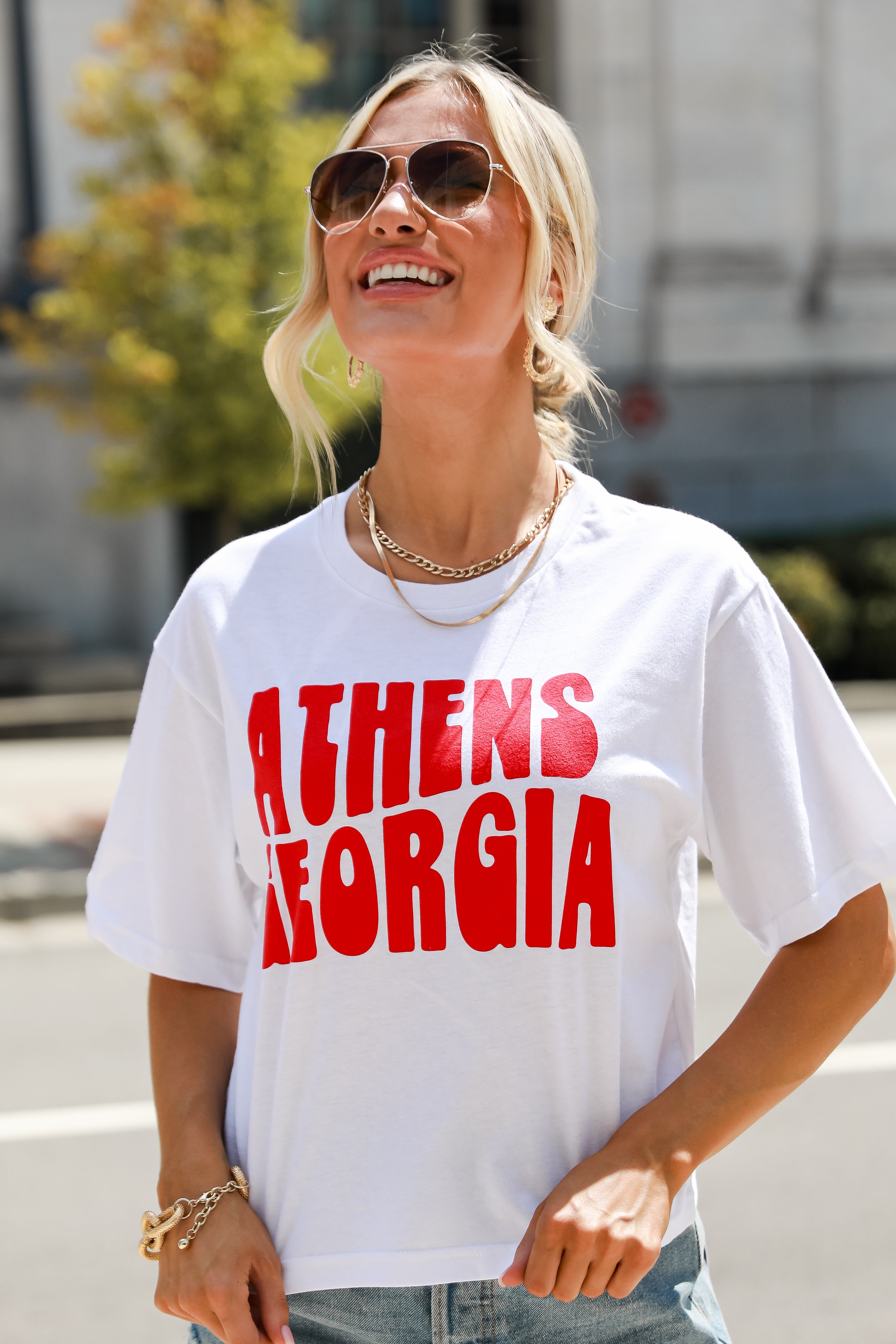 White Athens Georgia Cropped Tee on model