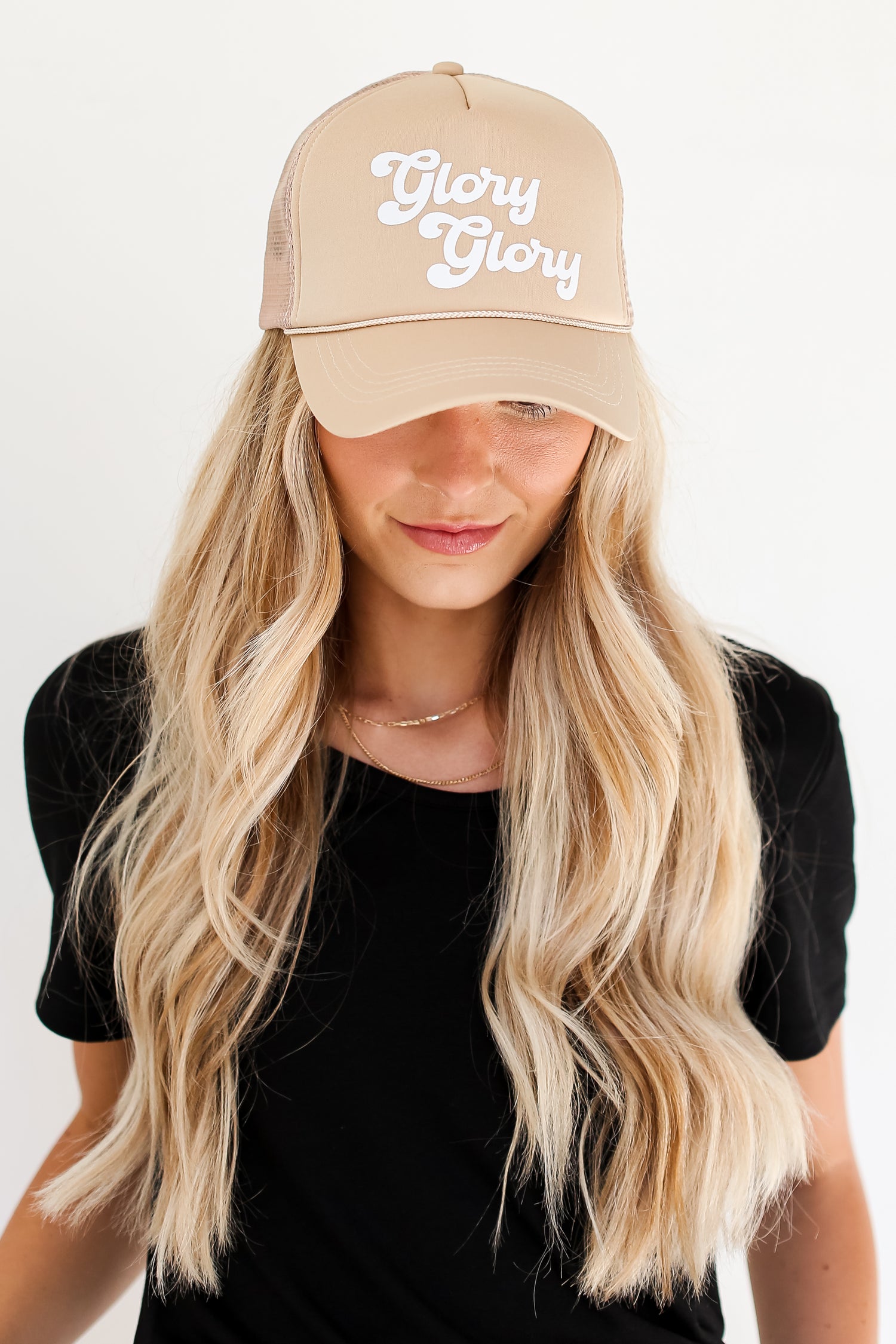 taupe Glory Glory Trucker Hat close up