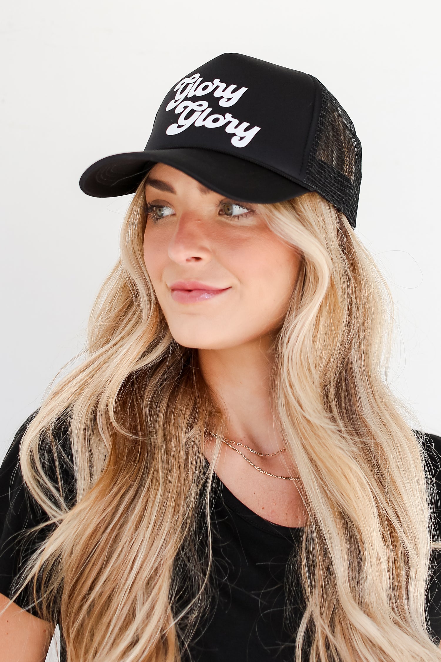 black Glory Glory Trucker Hat front view