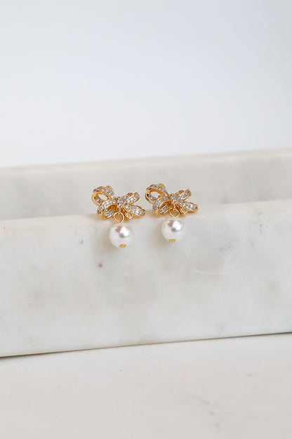 Harlow Gold Rhinestone Pearl Bow Earrings